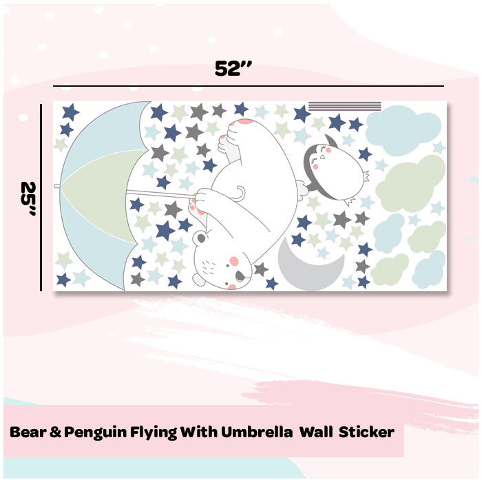 Bear & Penguin Flying With Umbrella Wall Sticker