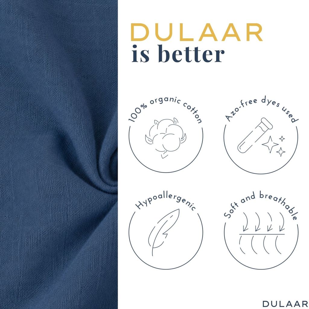 Navy fabric with Dulaar branding and sustainability features on a white background