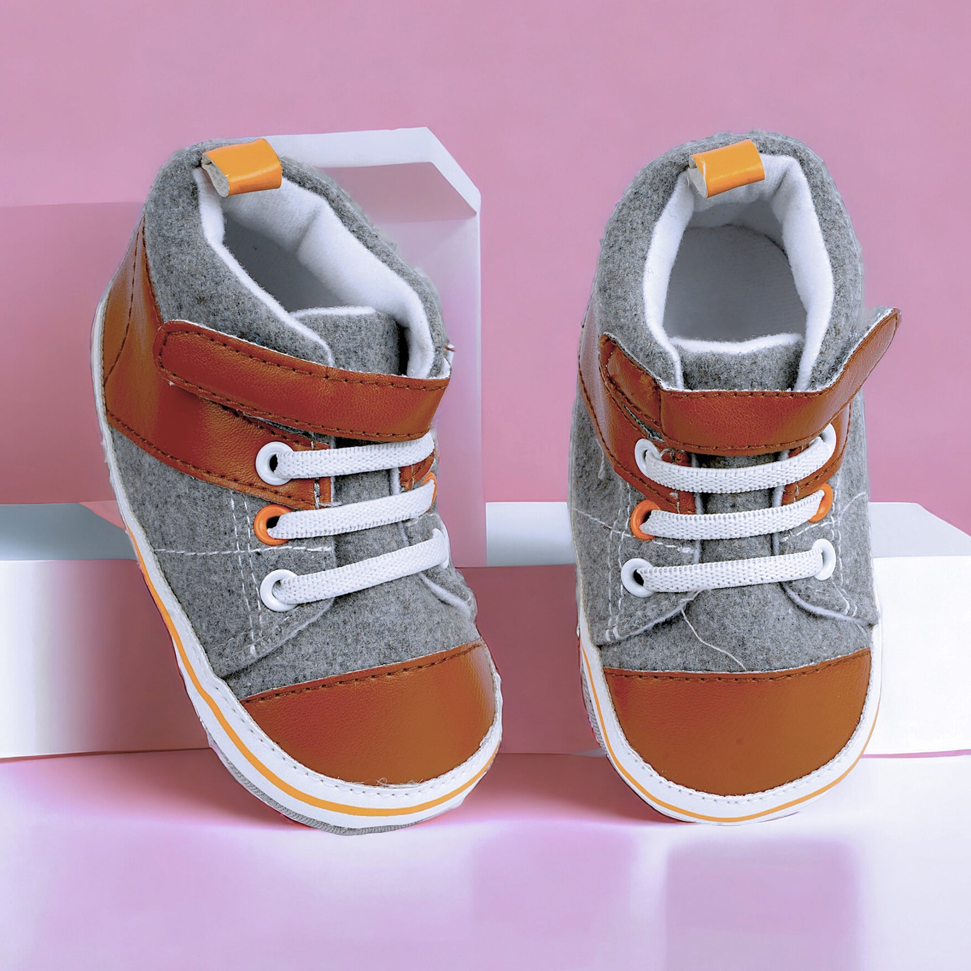 Baby Moo Leather Lace-Up Design Velcro Strap Anti-Skid Sneakers - Grey, Brown