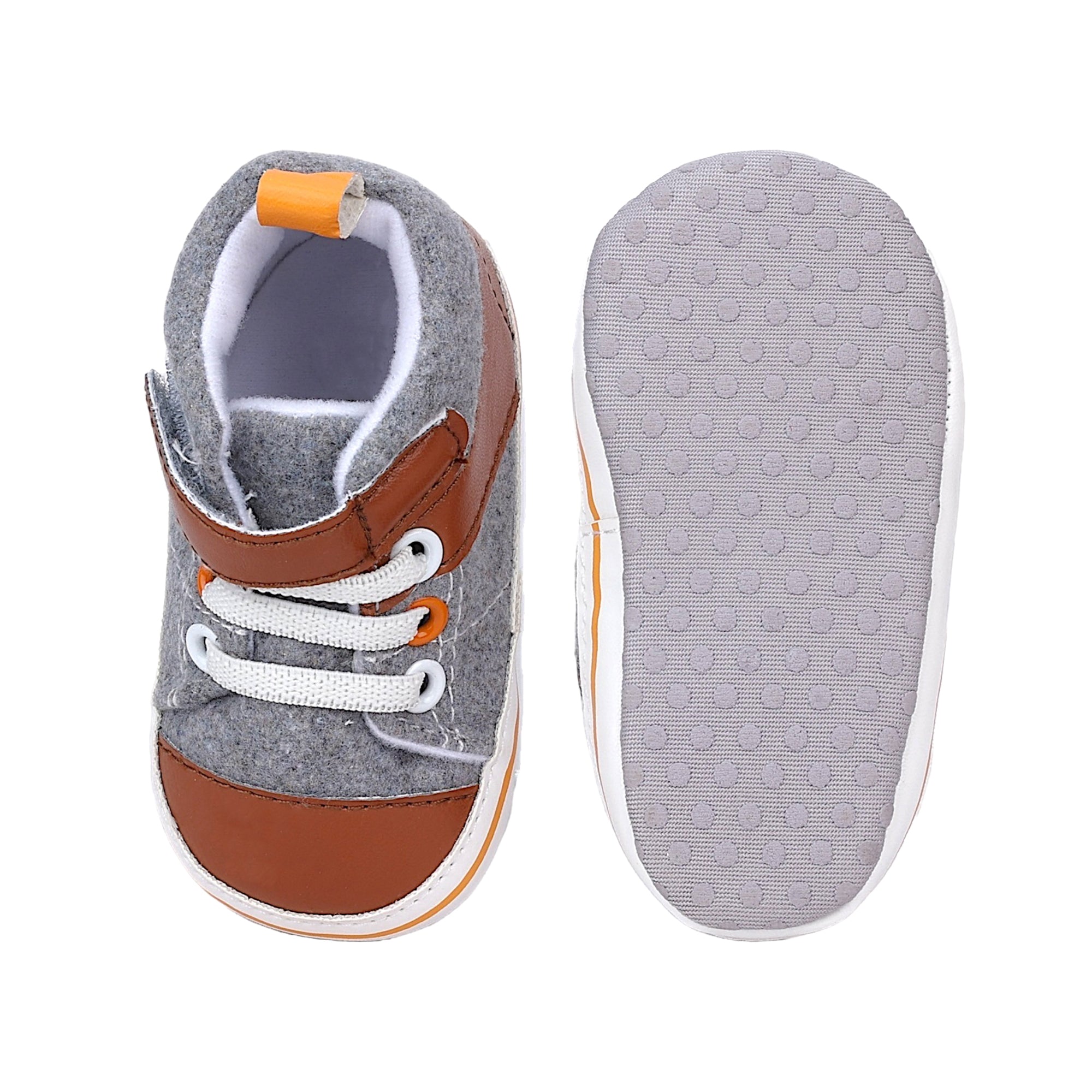 Baby Moo Leather Lace-Up Design Velcro Strap Anti-Skid Sneakers - Grey, Brown