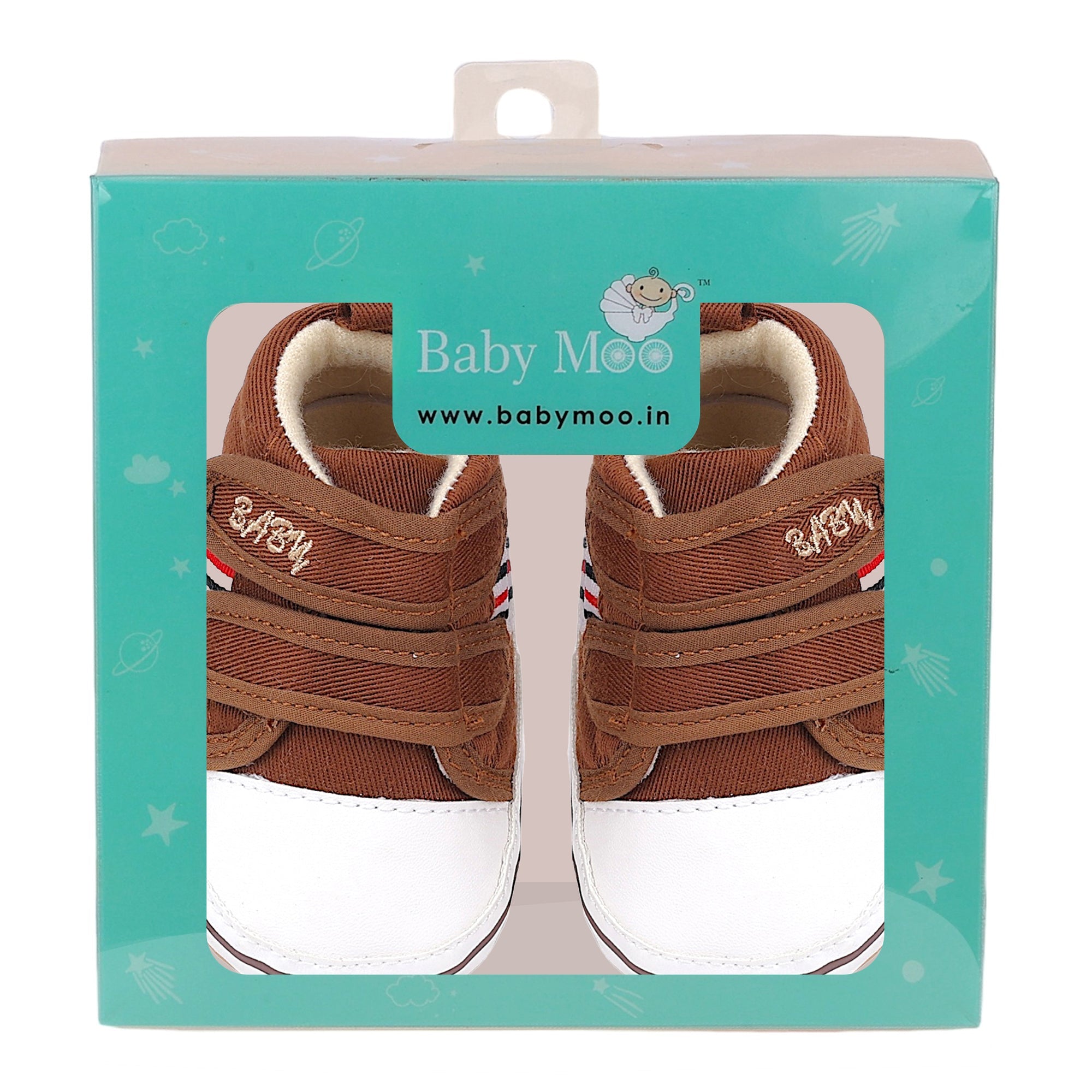 Baby Moo Stylish Velcro Strap Anti-Skid Canvas Sneakers - Brown, White