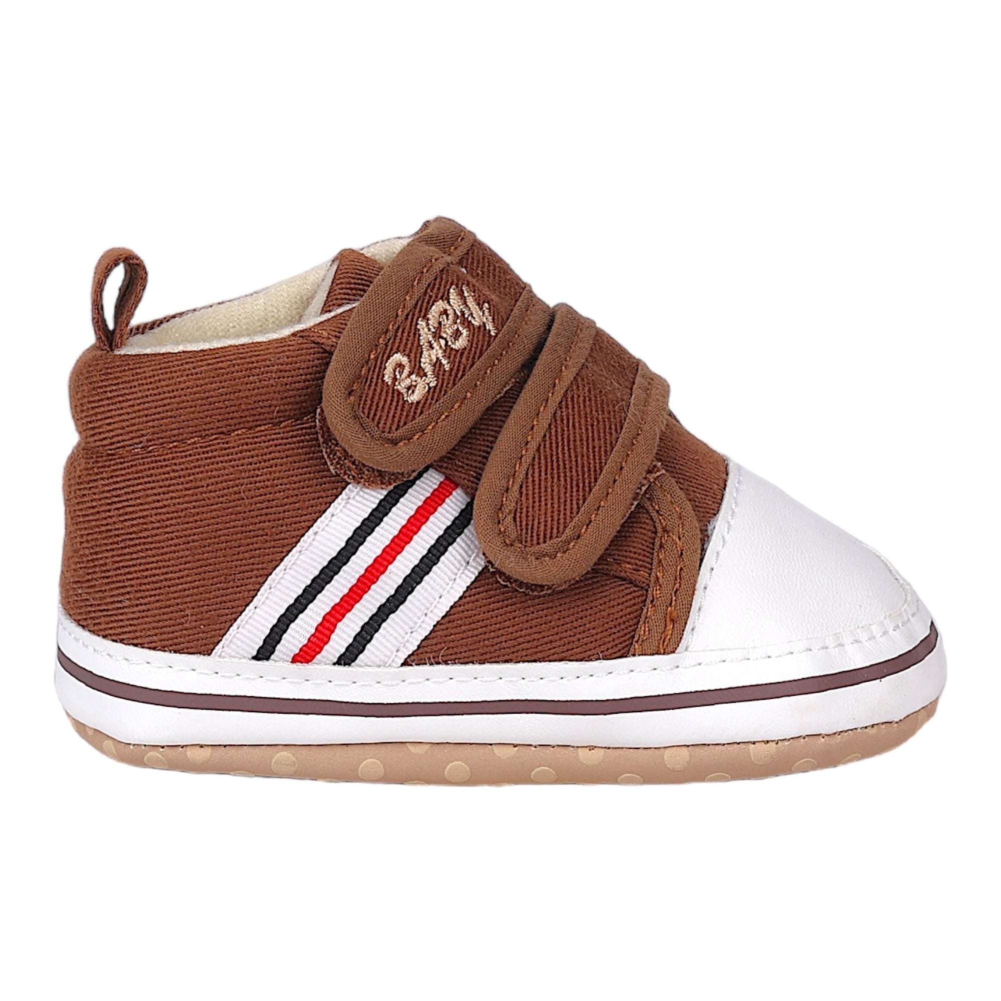 Baby Moo Stylish Velcro Strap Anti-Skid Canvas Sneakers - Brown, White