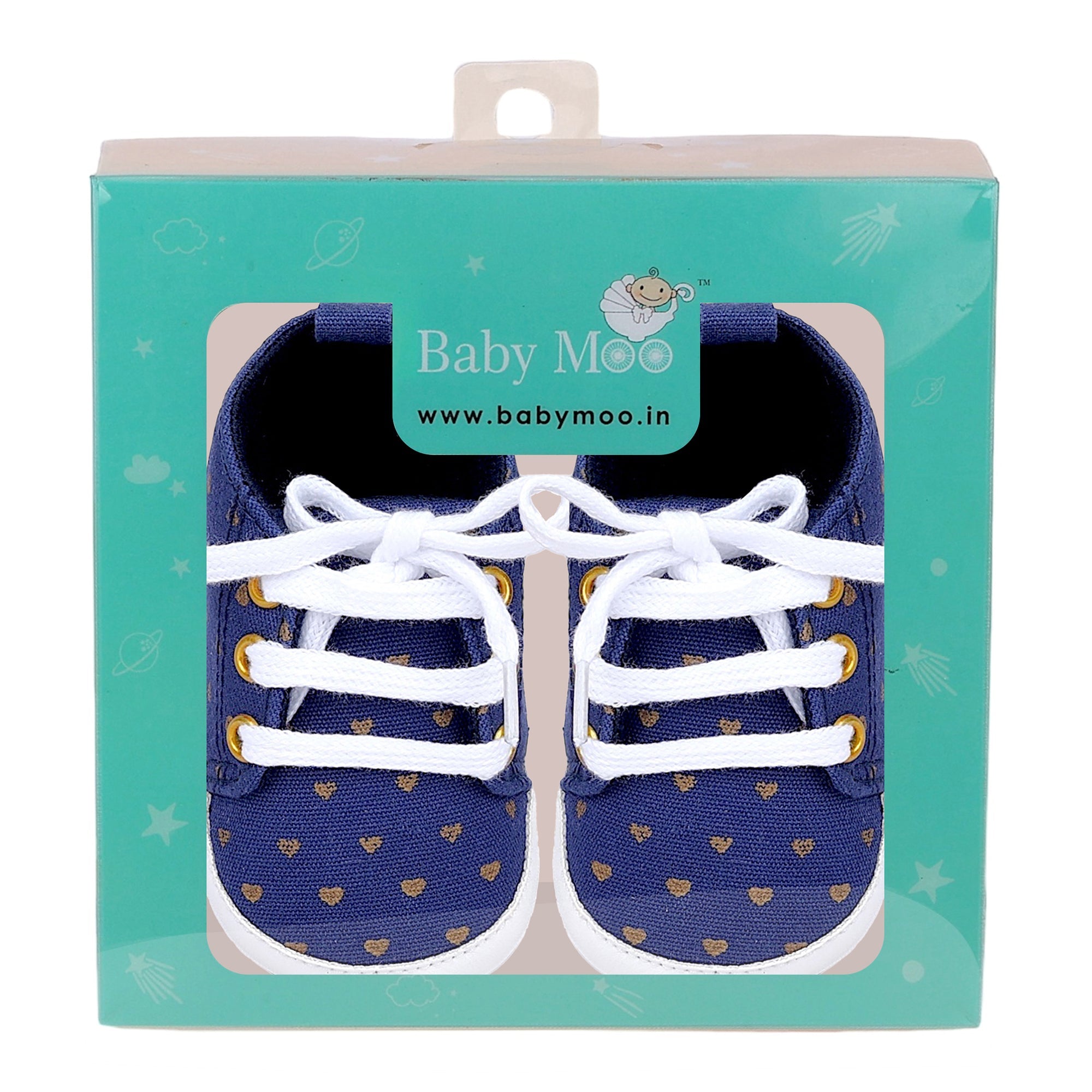 Baby Moo Heart Print Lace-Up Anti-Skid Sneakers - Navy Blue