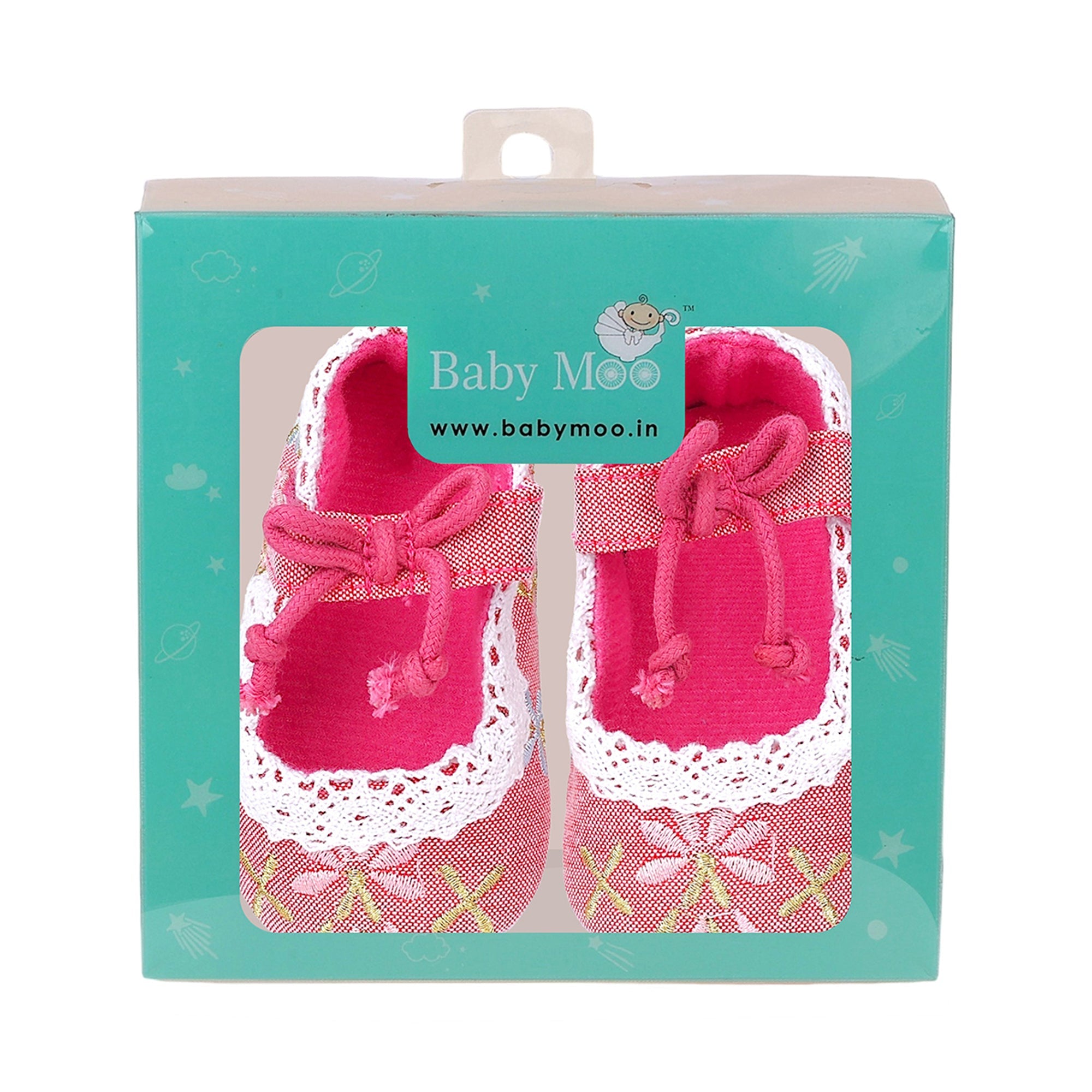 Baby Moo Fancy Floral Embroidered Velcro Straps Anti-Skid Booties - Peach