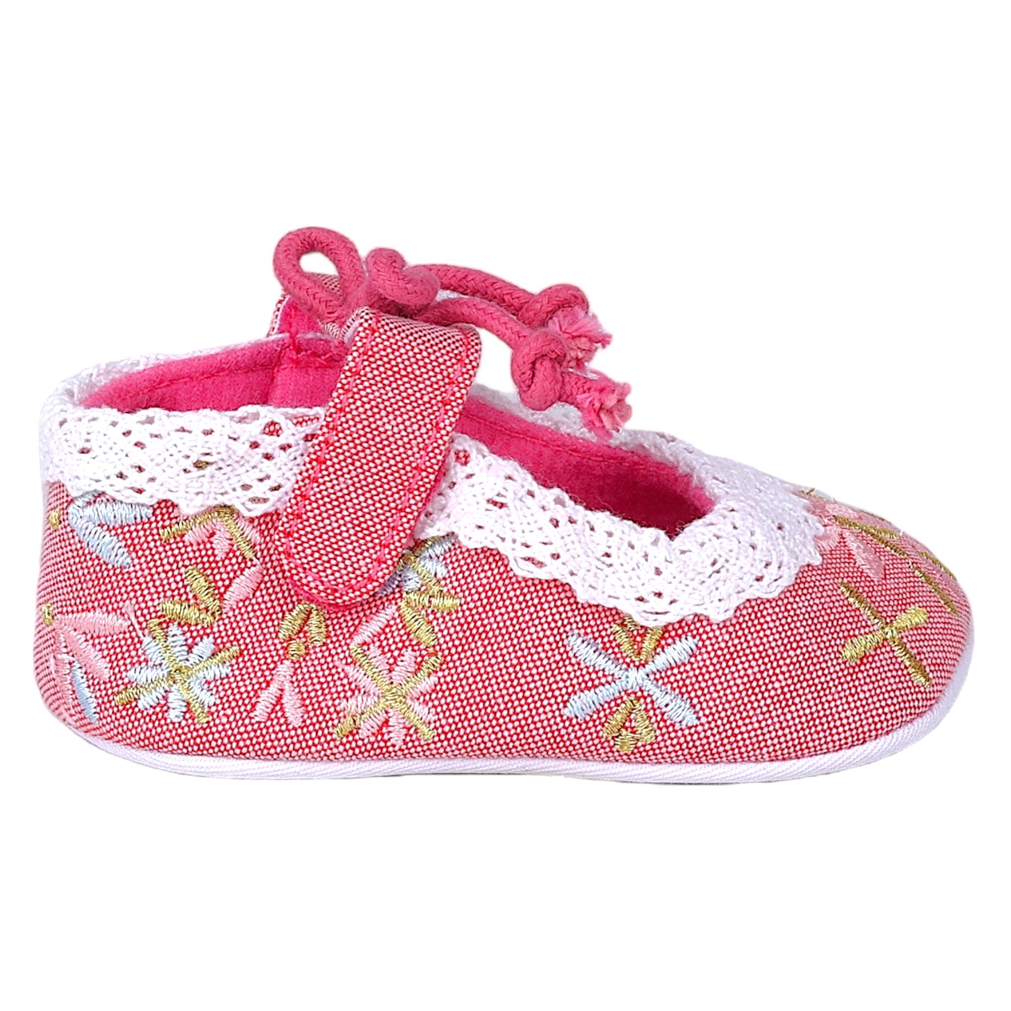 Baby Moo Fancy Floral Embroidered Velcro Straps Anti-Skid Booties - Peach