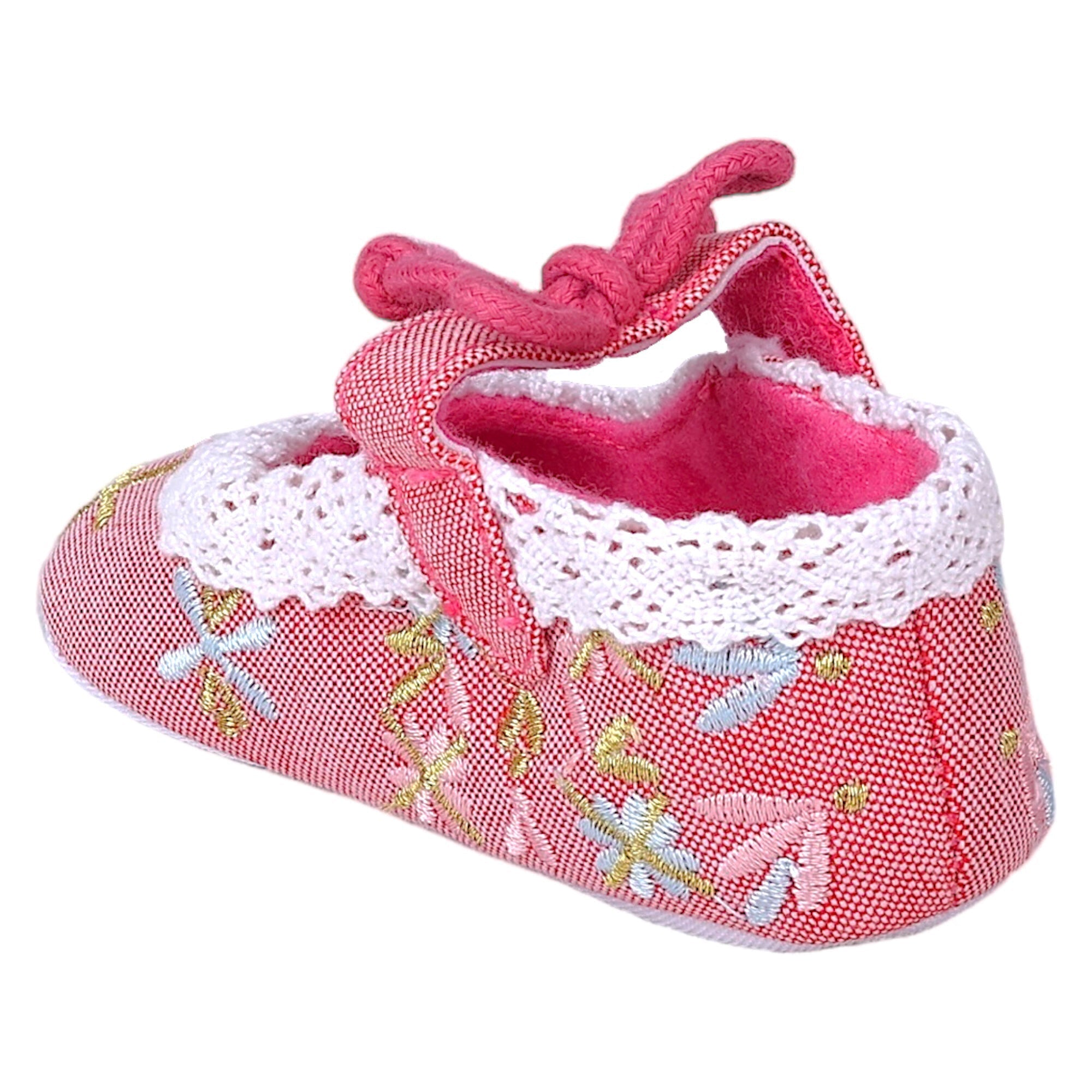 Baby Moo Fancy Floral Embroidered Velcro Straps Anti-Skid Booties - Peach