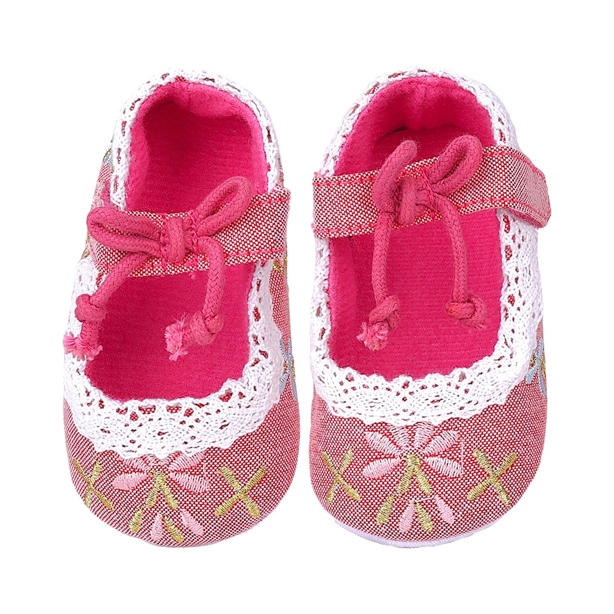 Baby Moo Fancy Floral Embroidered Velcro Straps Anti-Skid Booties - Peach