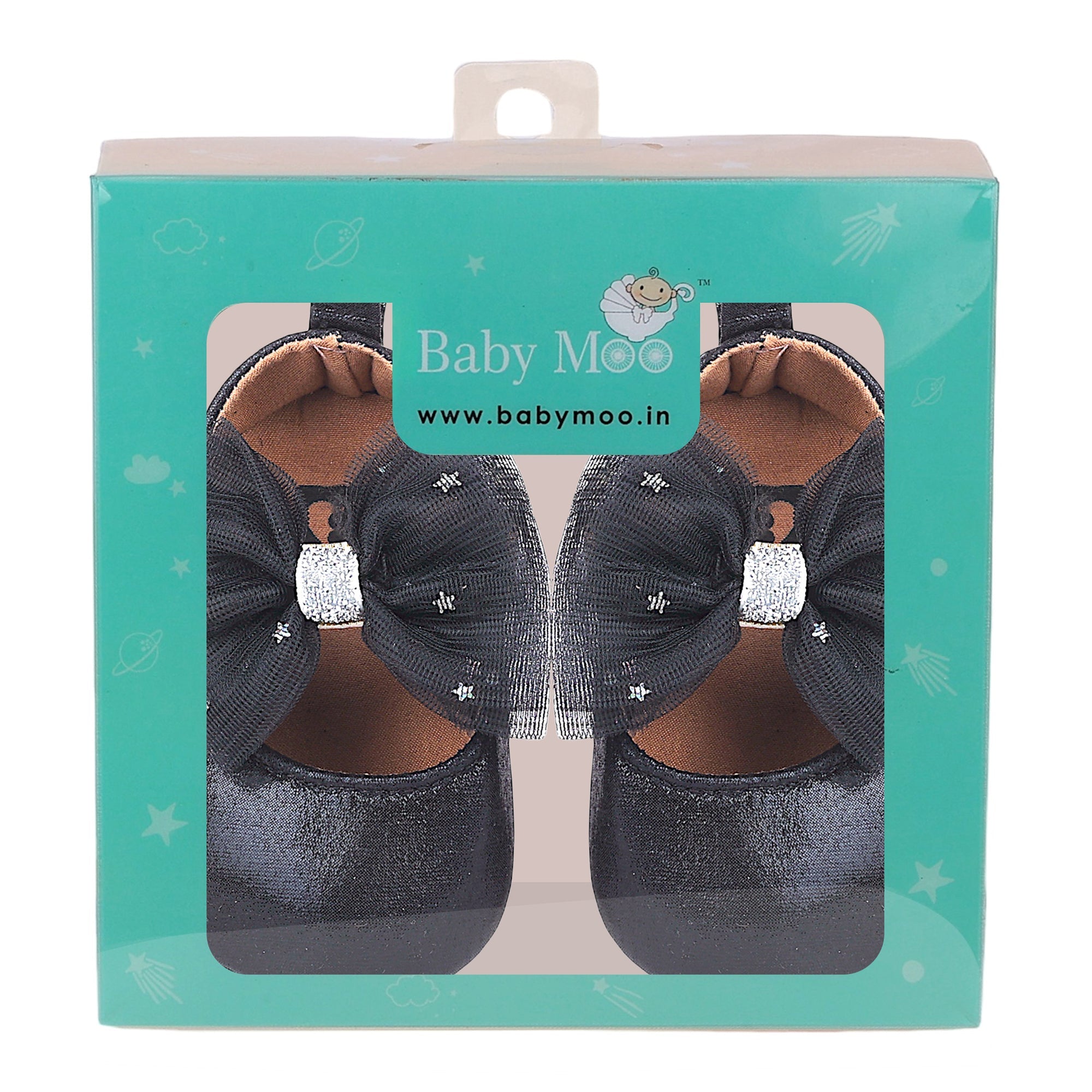 Baby Moo Starry Bow Partywear Anti-Skid Ballerina Booties - Black