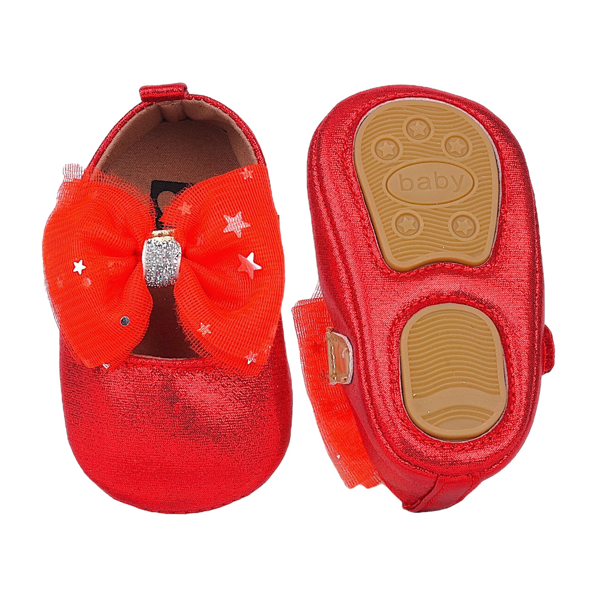 Baby Moo Starry Bow Partywear Anti-Skid Ballerina Booties - Red