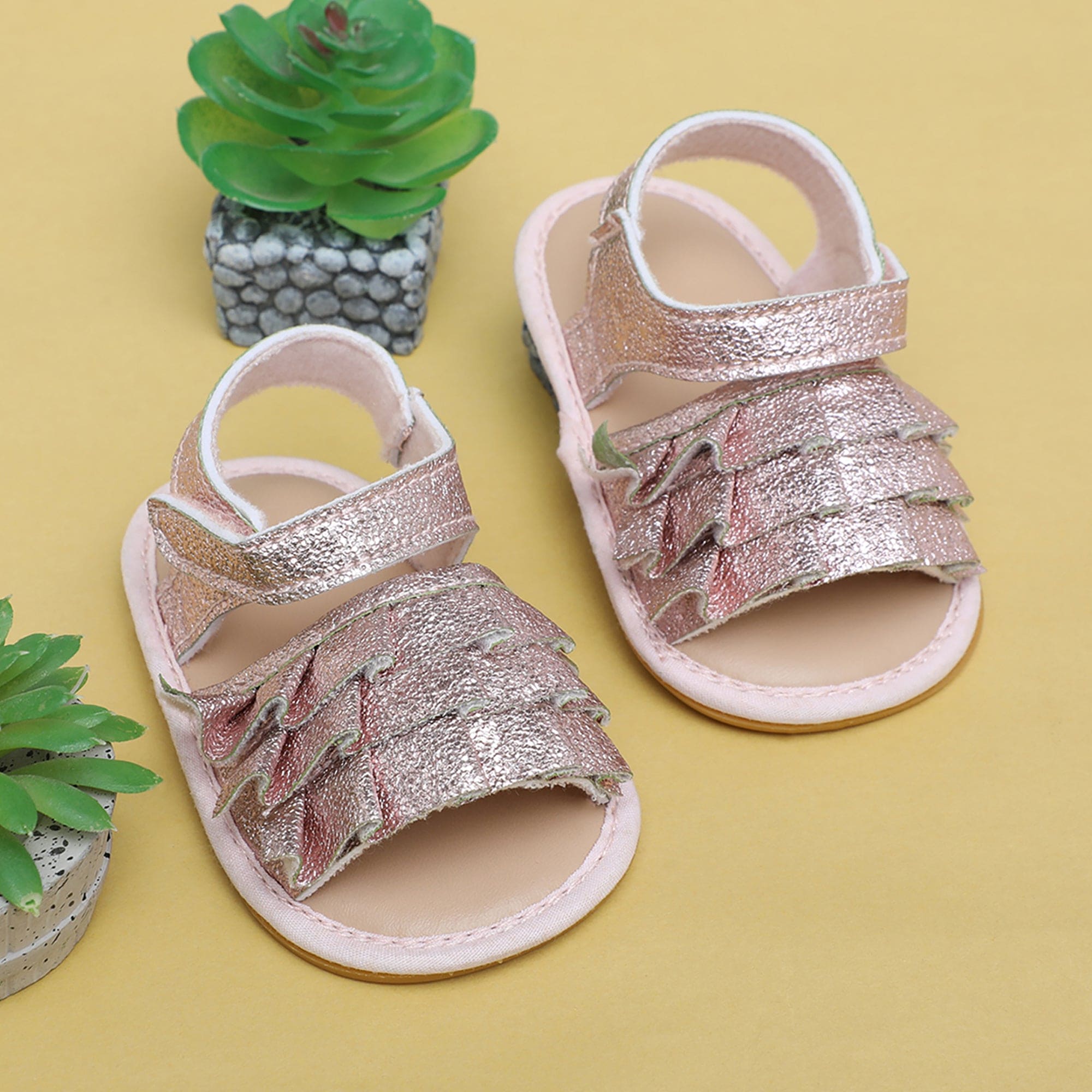 Baby Moo Frilly Glitter Partywear Velcro Straps Anti-Skid Sandals - Pink, Rose Gold