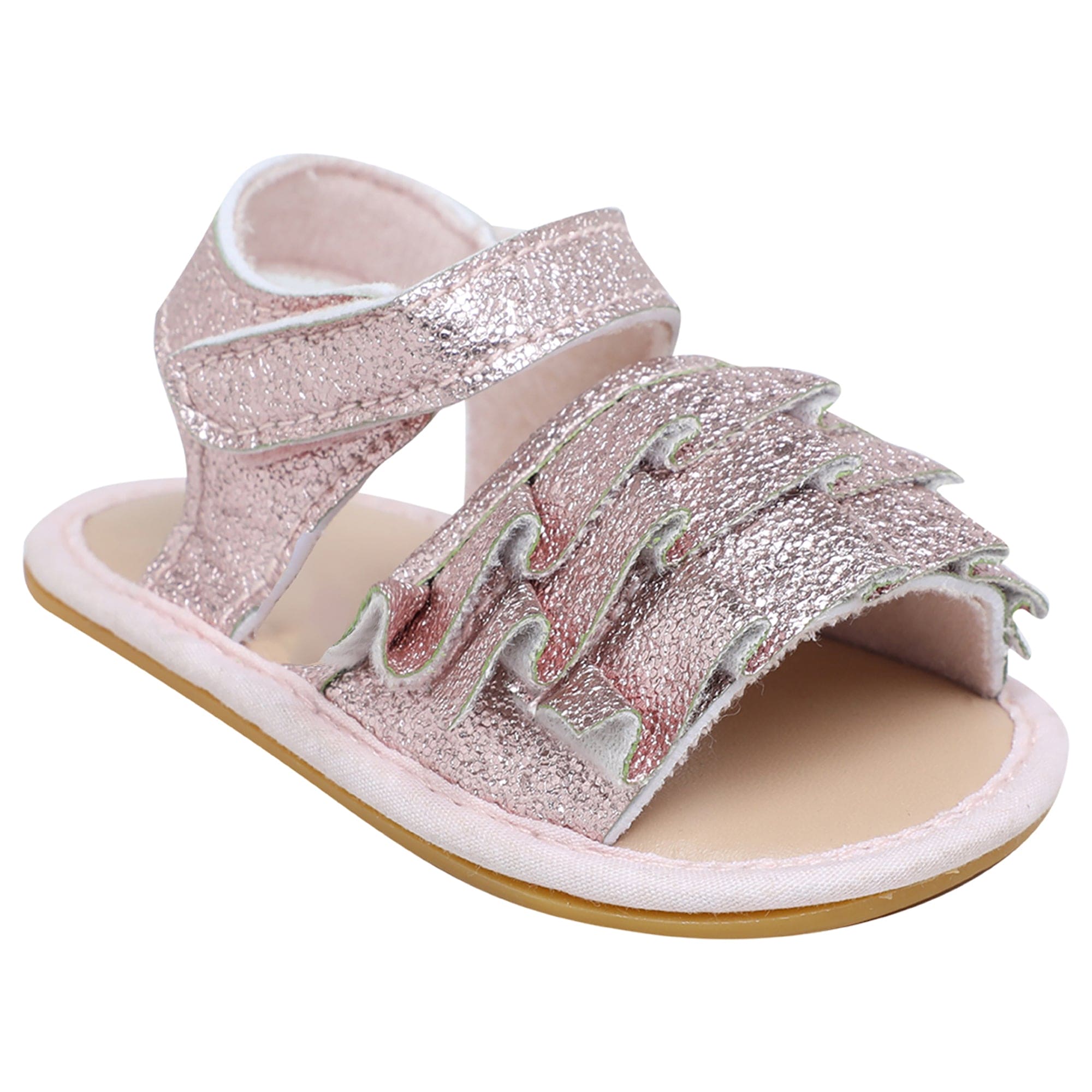 Baby Moo Frilly Glitter Partywear Velcro Straps Anti-Skid Sandals - Pink, Rose Gold