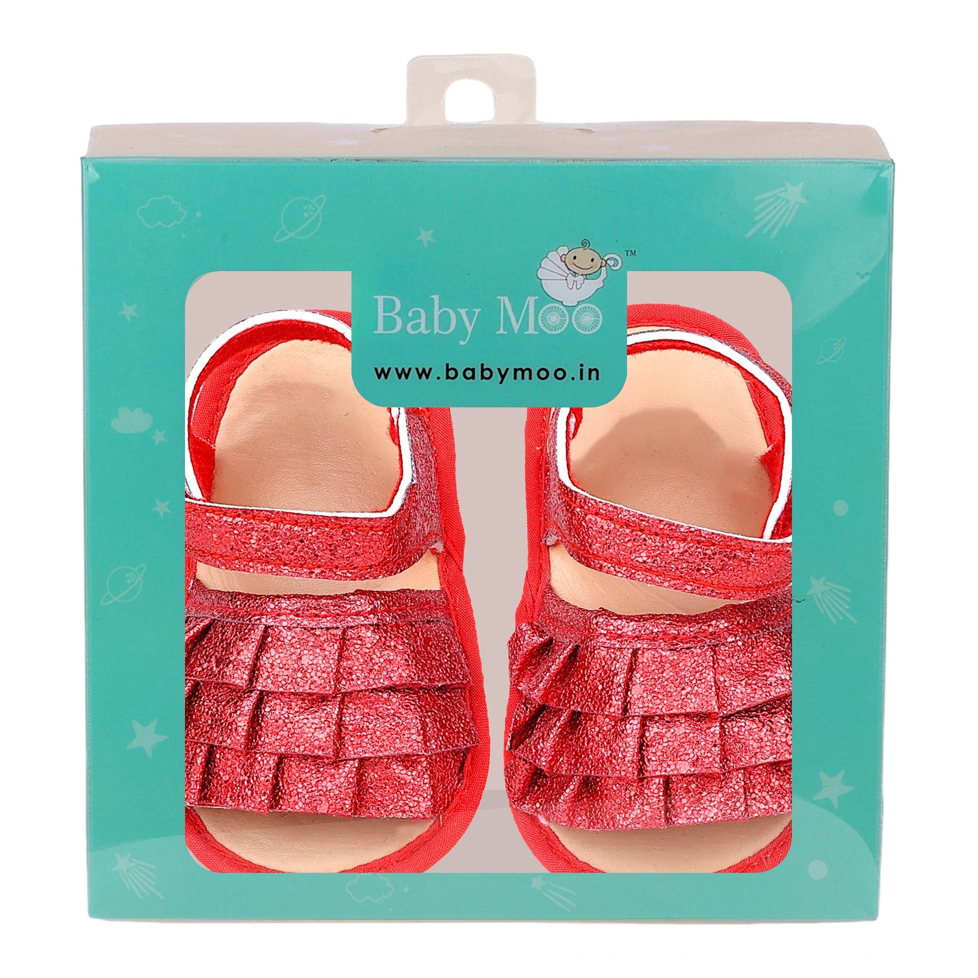 Baby Moo Frilly Glitter Partywear Velcro Straps Anti-Skid Sandals - Red