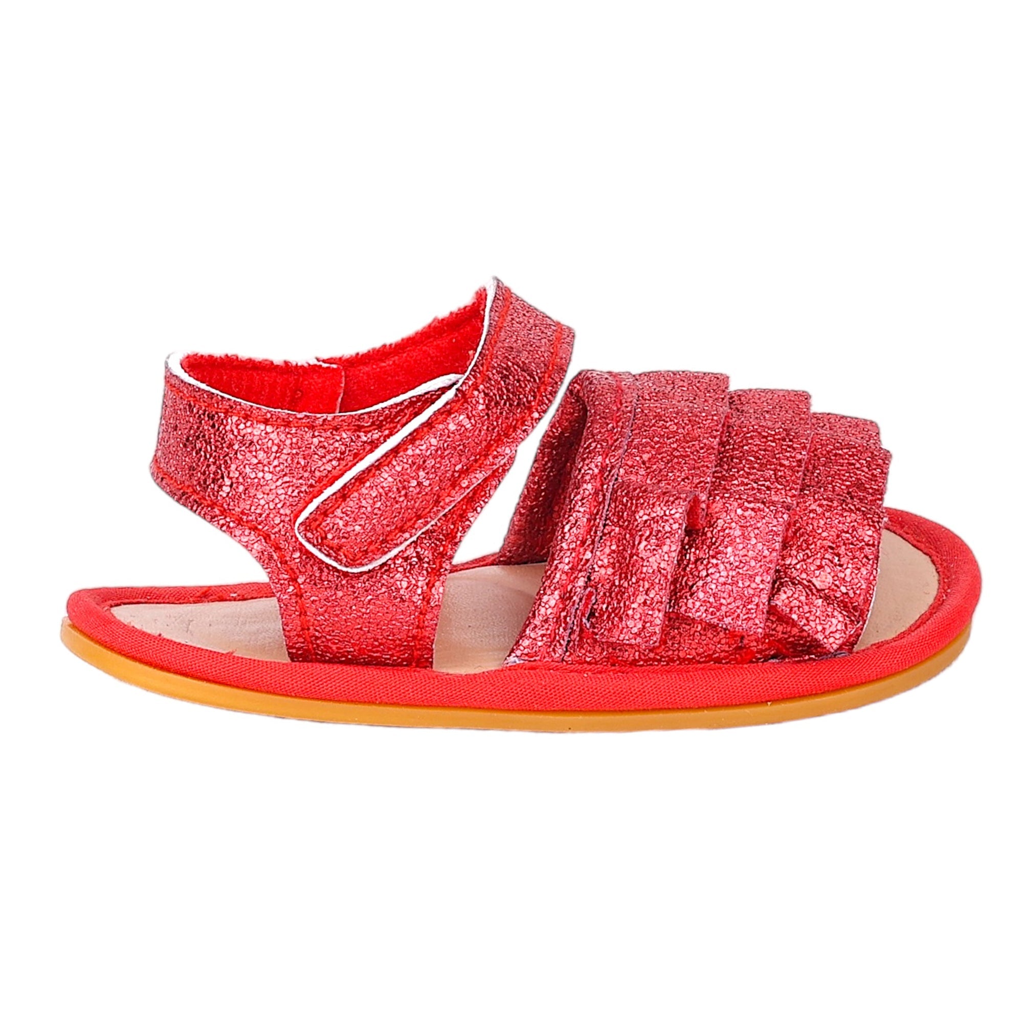 Baby Moo Frilly Glitter Partywear Velcro Straps Anti-Skid Sandals - Red