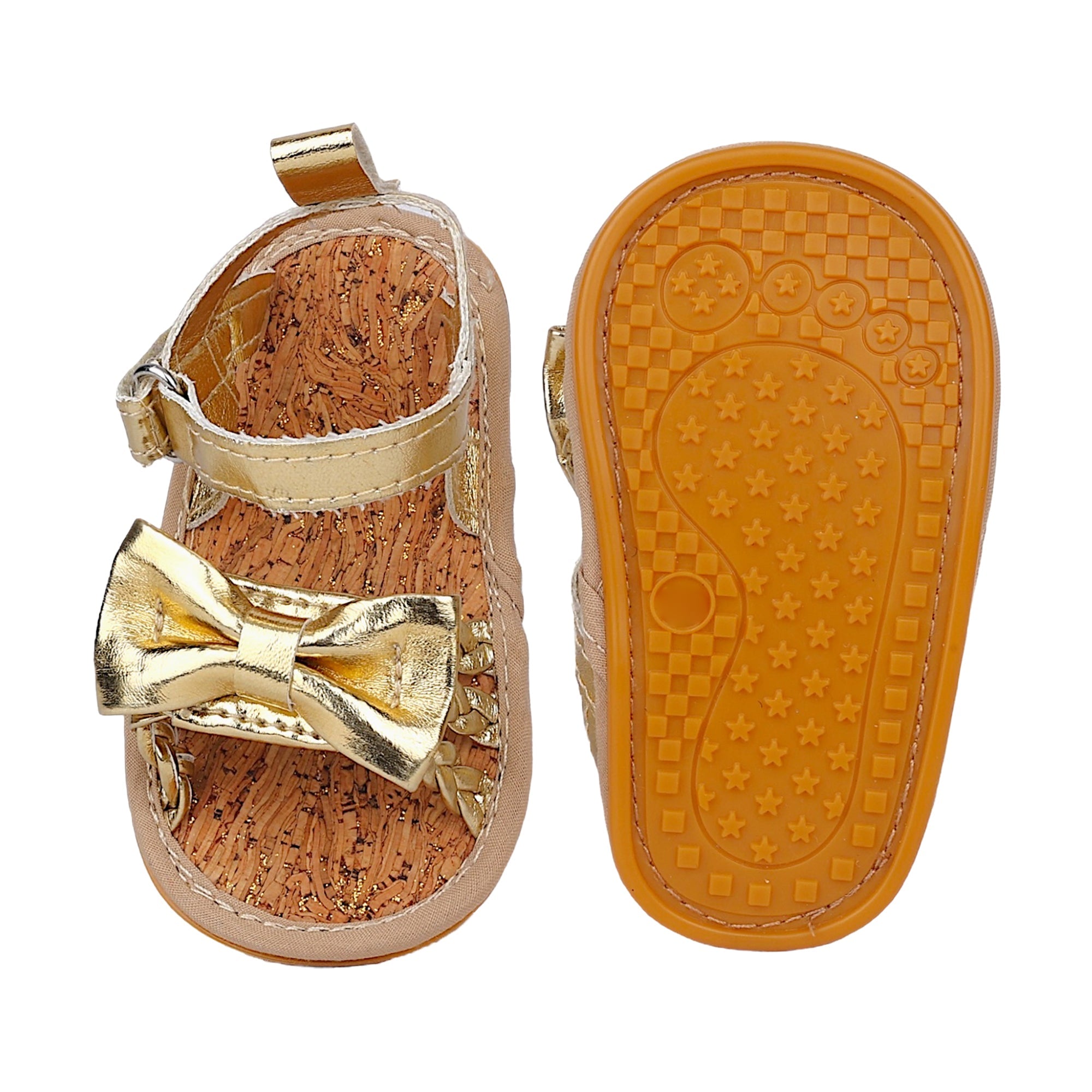 Baby Moo Partywear Patent Leather Bow Velcro Strap Anti-Skid Sandals - Gold, Metallic