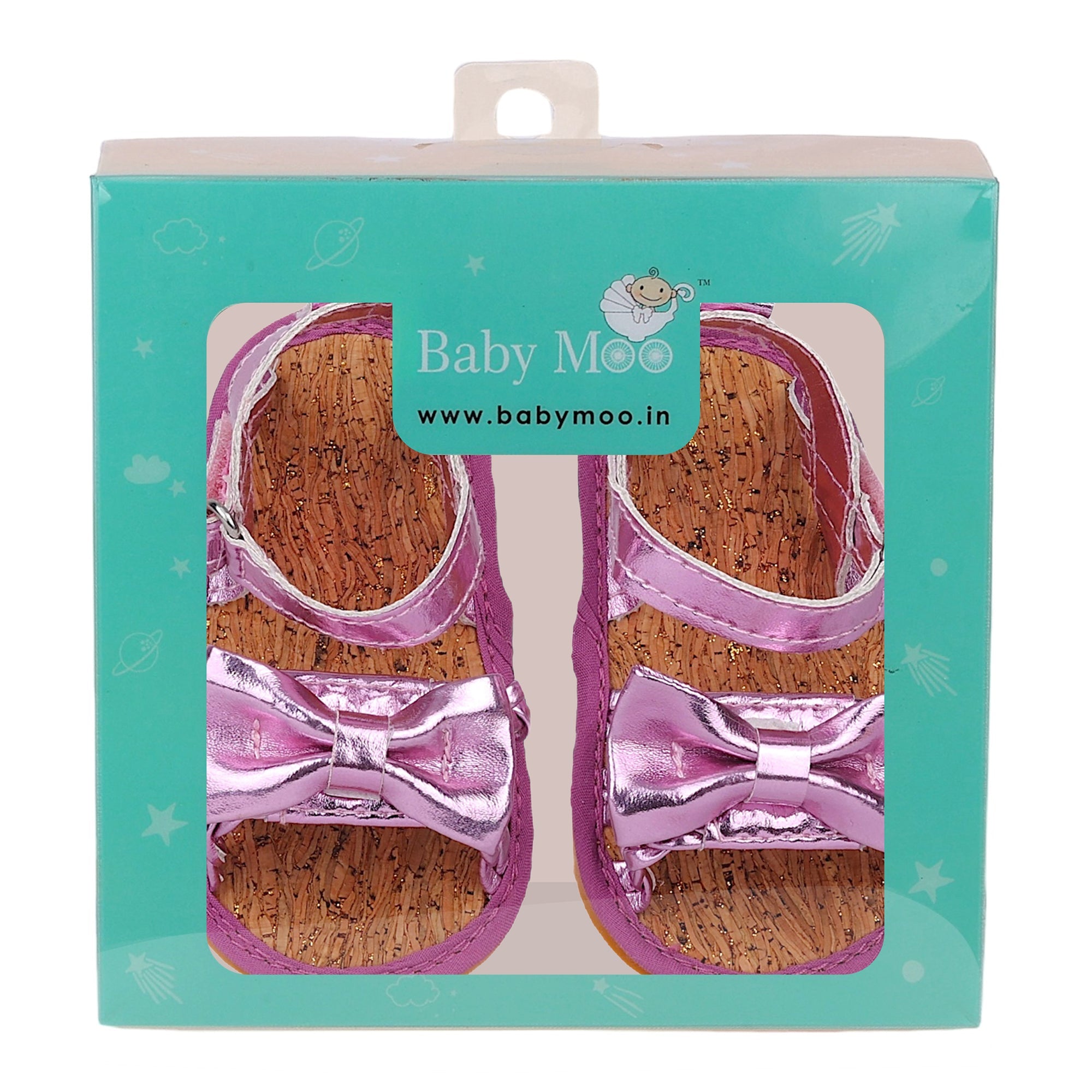 Baby Moo Partywear Patent Leather Bow Velcro Strap Anti-Skid Sandals - Purple, Metallic