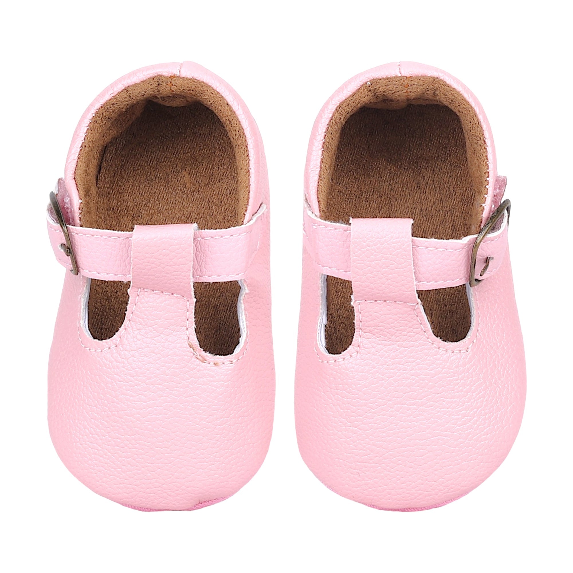 Baby Moo Textured Leather T-Strap Velcro Buckle Anti-Skid Ballerina Pram Shoes - Pink