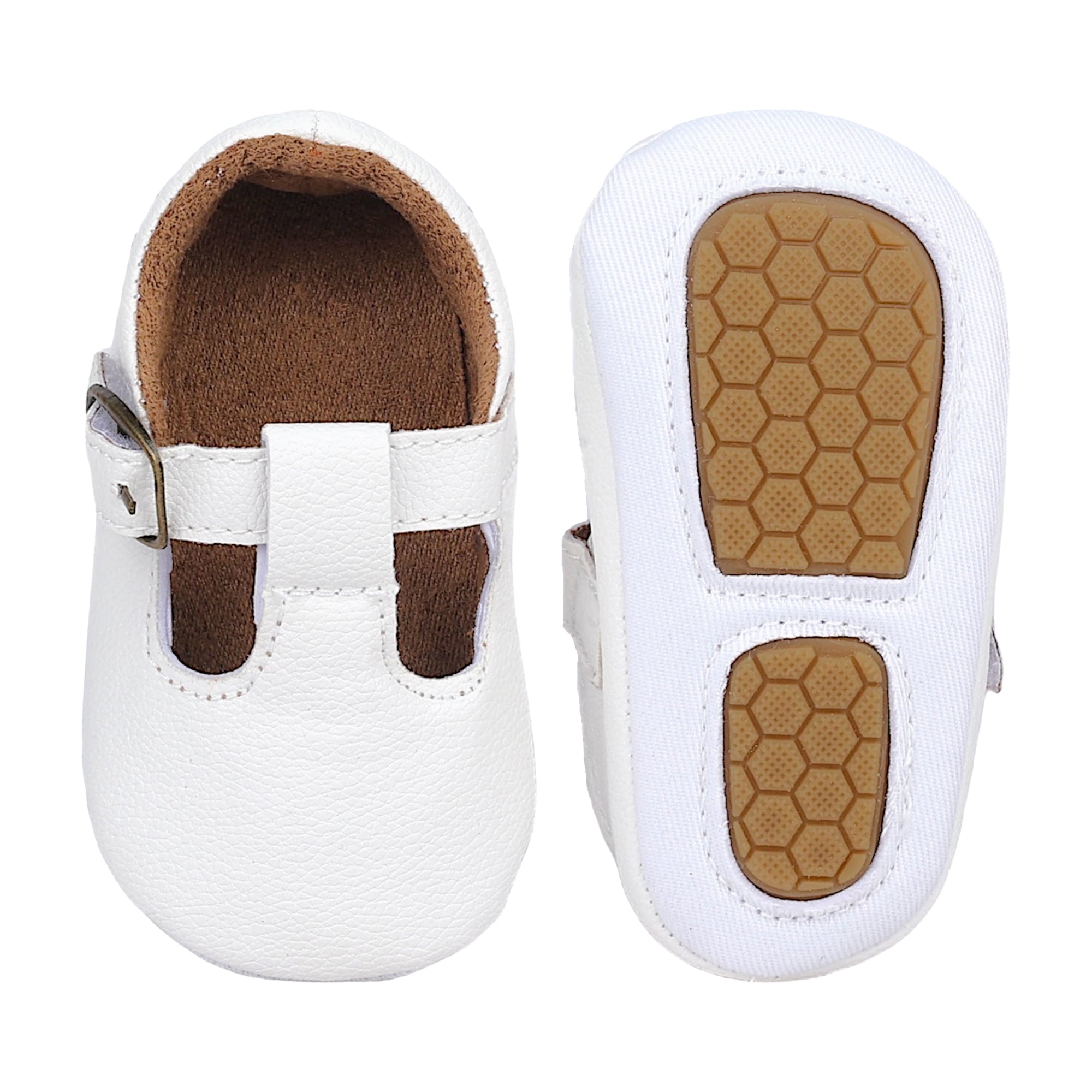 Baby Moo Textured Leather T-Strap Velcro Buckle Anti-Skid Ballerina Pram Shoes - White