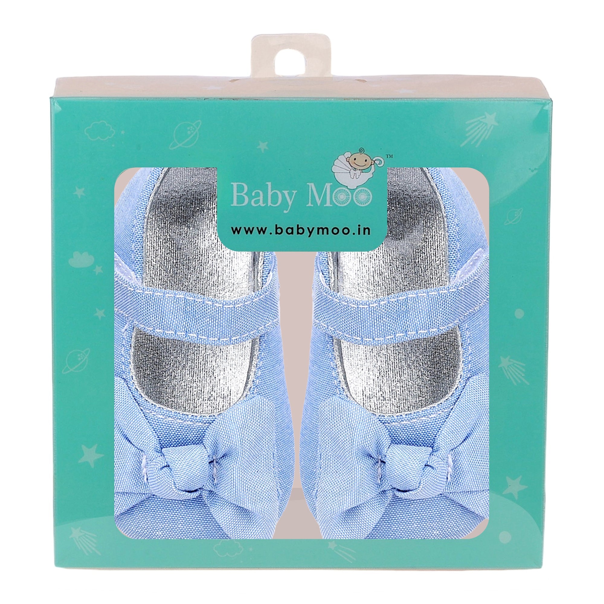 Baby Moo Pretty Bow Knot Velcro Strap Anti-Skid Ballerina Booties - Blue