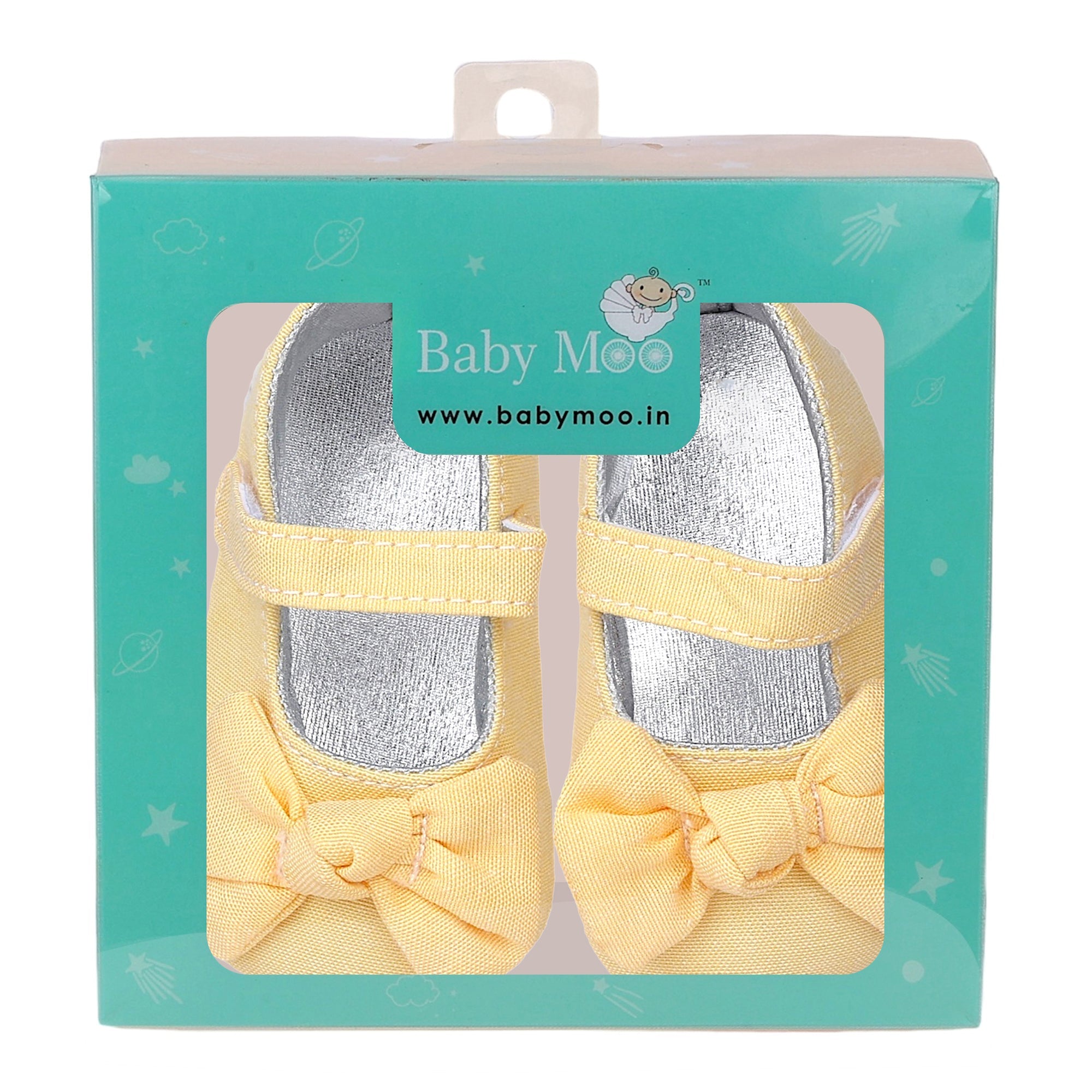 Baby Moo Pretty Bow Knot Velcro Strap Anti-Skid Ballerina Booties - Yellow