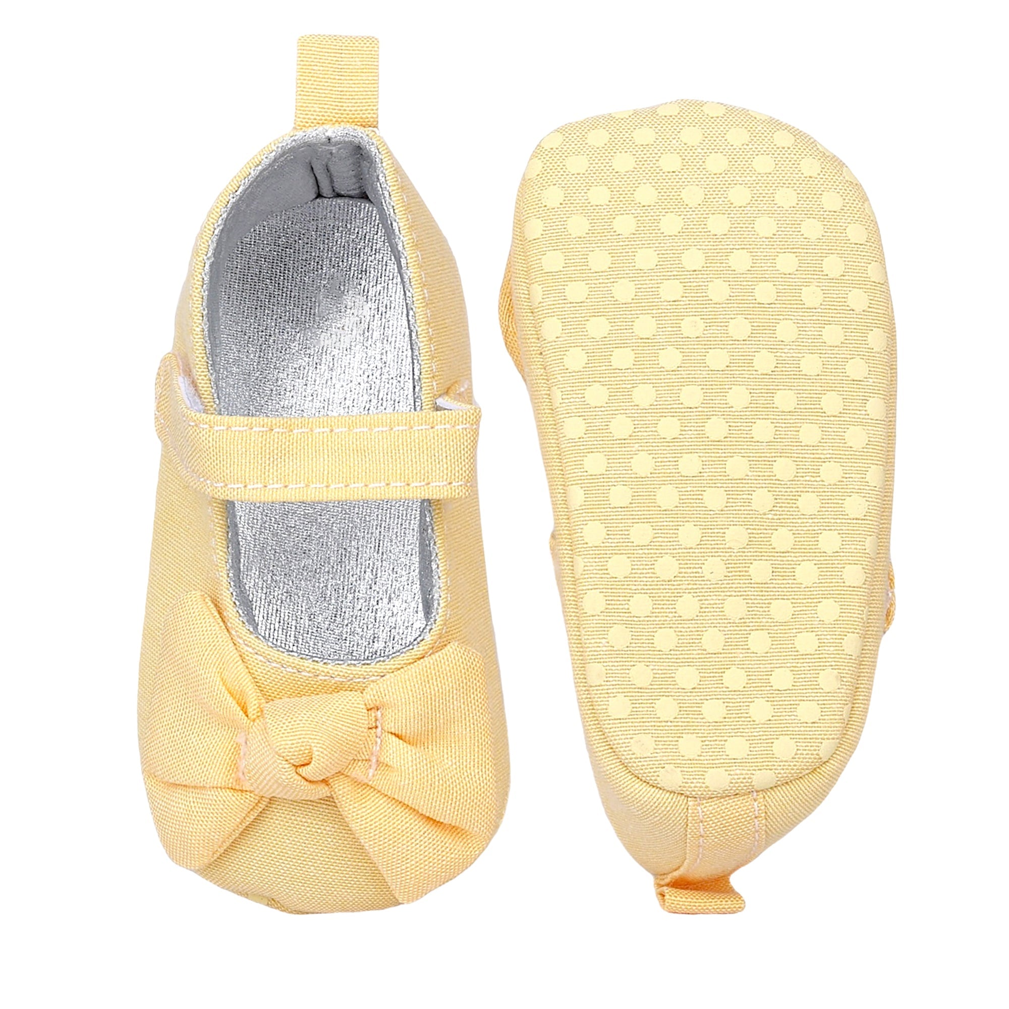 Baby Moo Pretty Bow Knot Velcro Strap Anti-Skid Ballerina Booties - Yellow