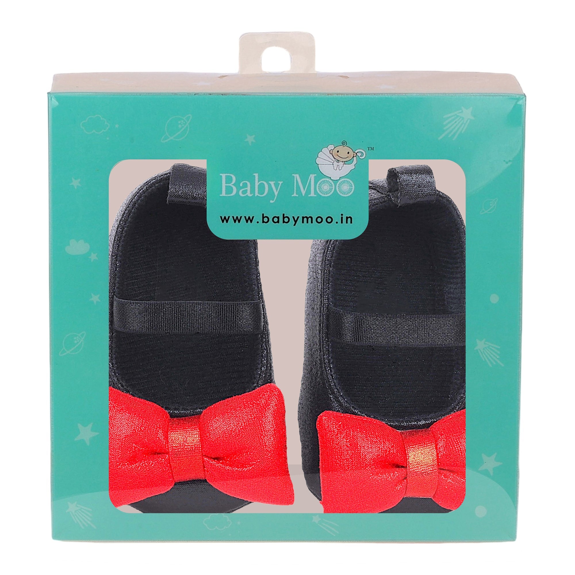 Baby Moo Partywear Shiny Bow Elastic Strap Anti-Skid Ballerina Booties - Black