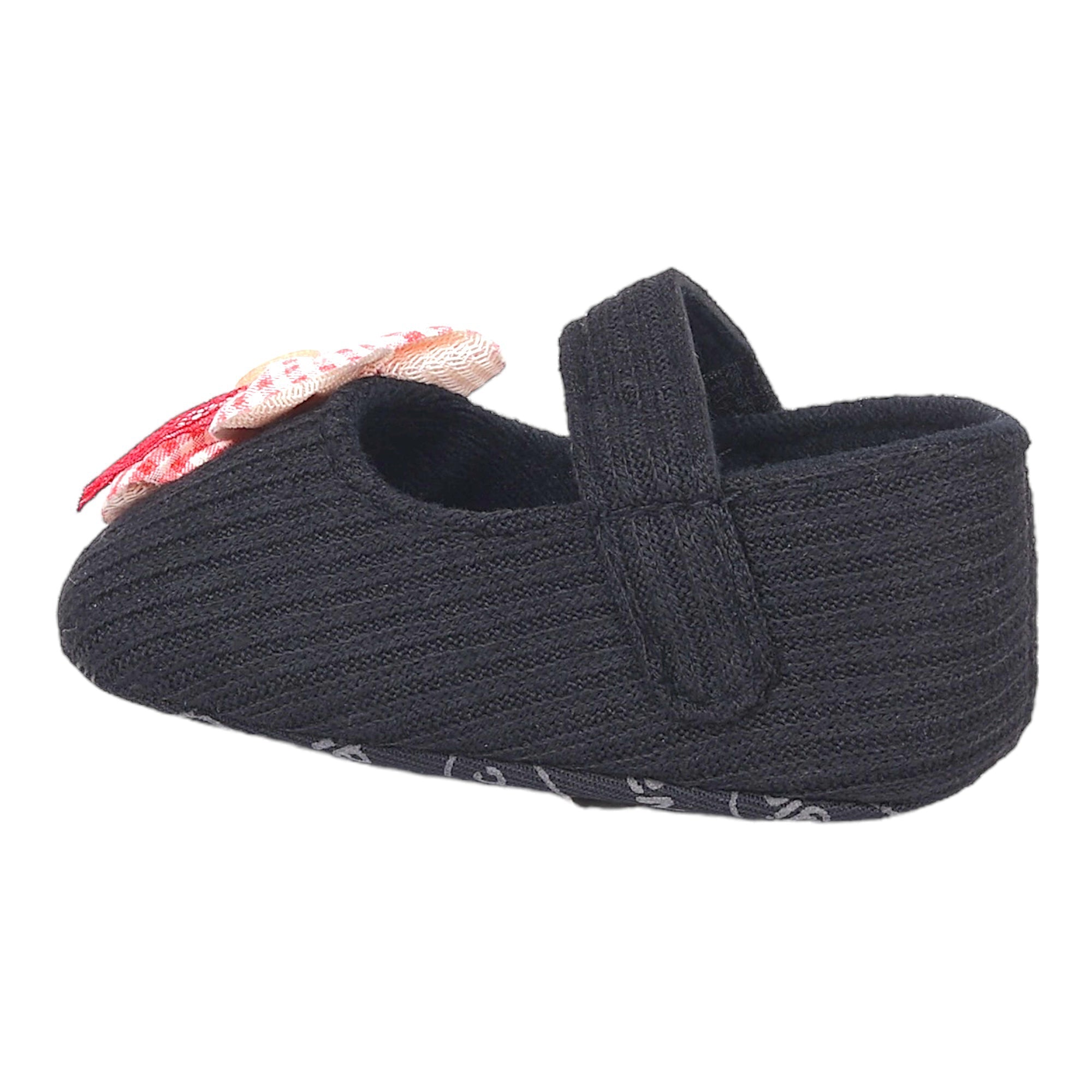 Baby Moo Flower Button Velcro Strap Ribbed Anti-Skid Ballerina Booties - Black, Red