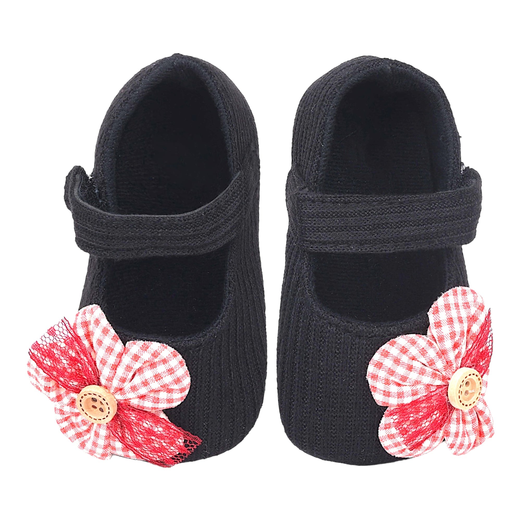 Baby Moo Flower Button Velcro Strap Ribbed Anti-Skid Ballerina Booties - Black, Red