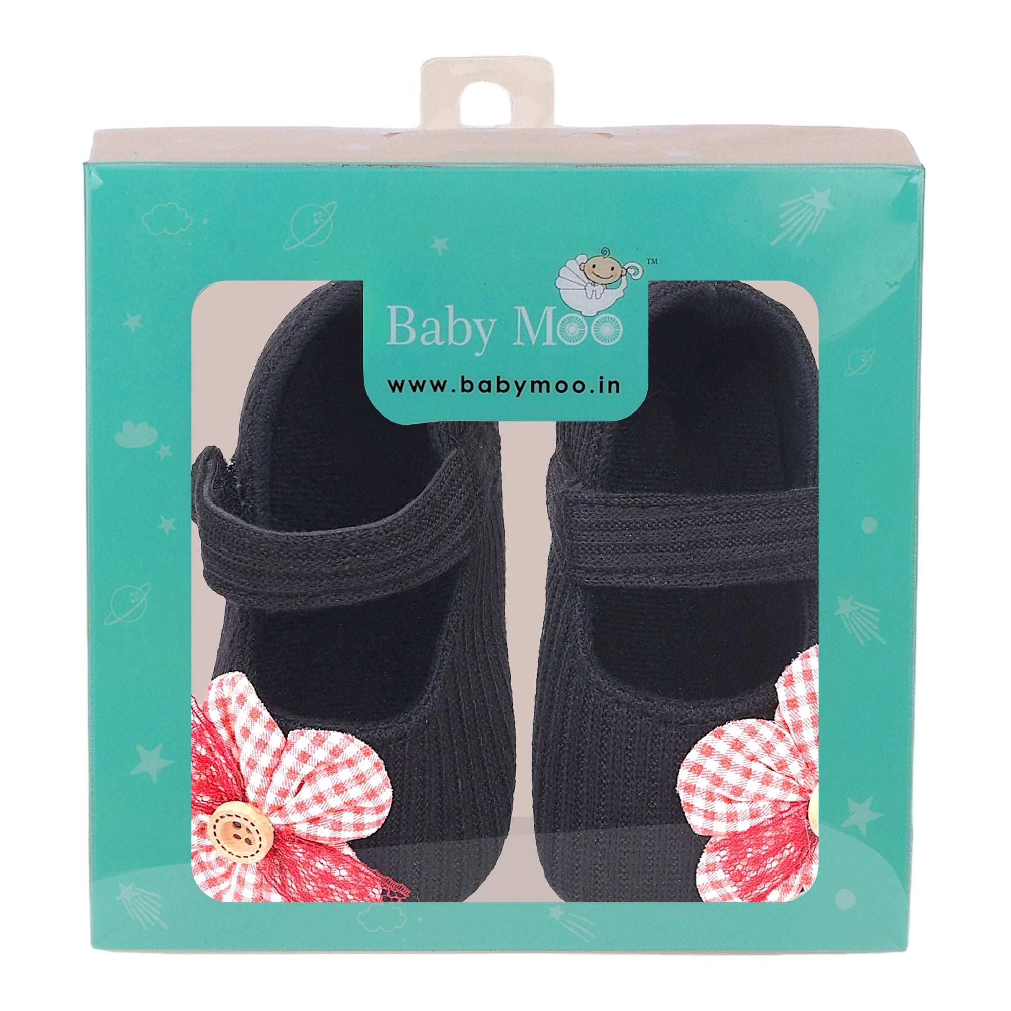 Baby Moo Flower Button Velcro Strap Ribbed Anti-Skid Ballerina Booties - Black, Red