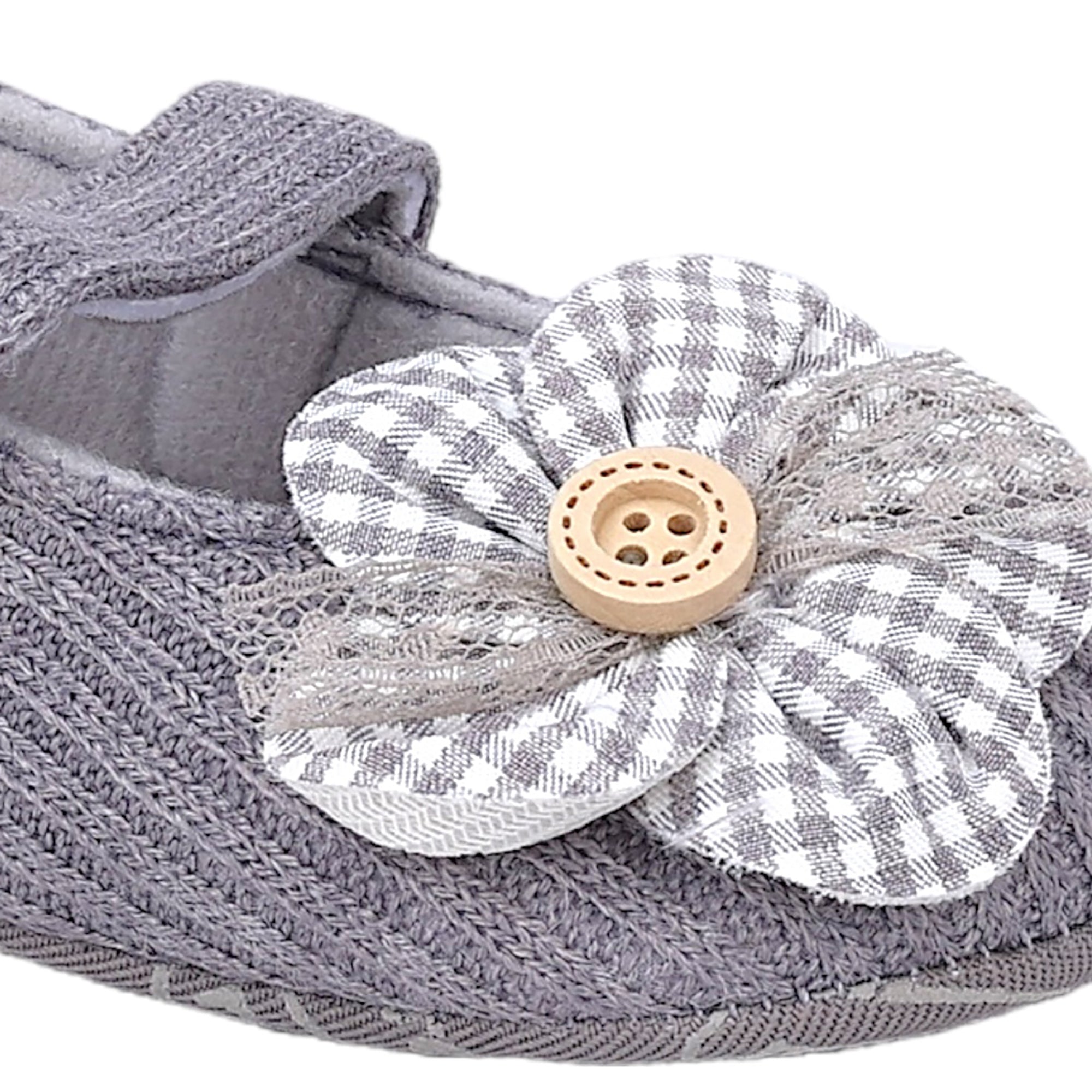 Baby Moo Flower Button Velcro Strap Ribbed Anti-Skid Ballerina Booties - Grey
