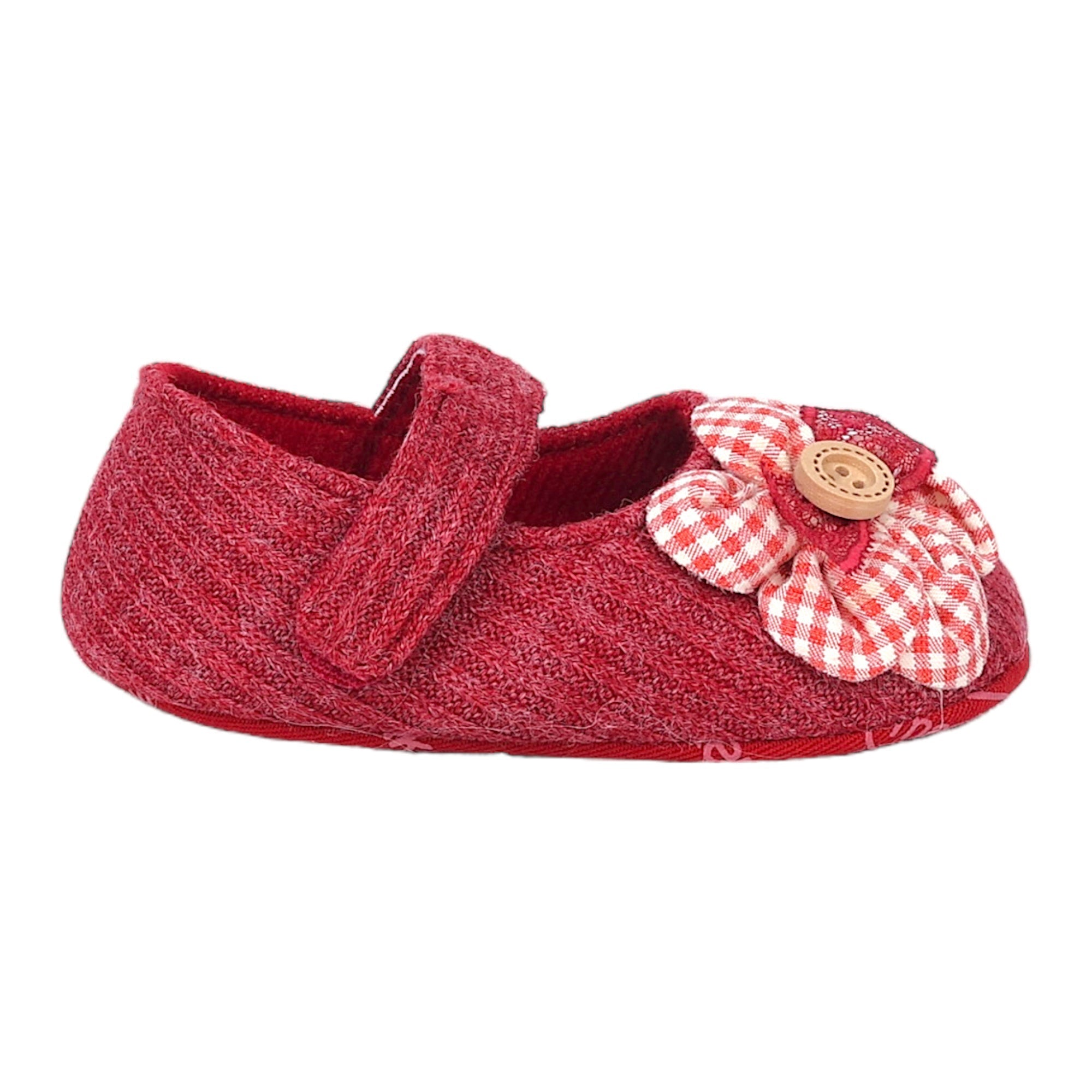Baby Moo Flower Button Velcro Strap Ribbed Anti-Skid Ballerina Booties - Red