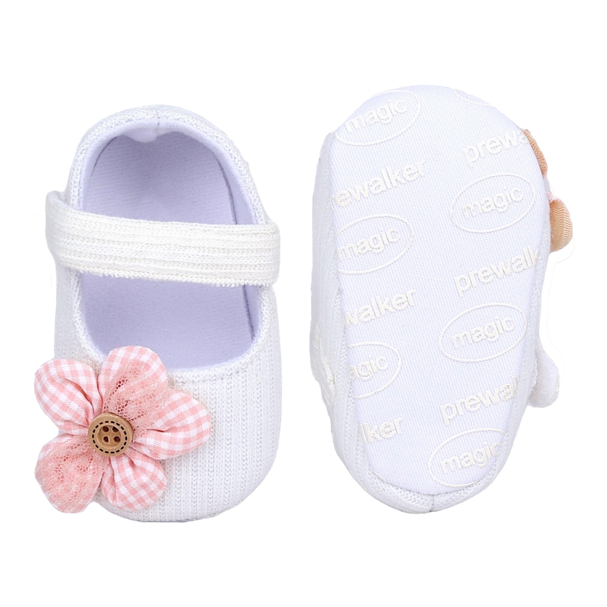 Baby Moo Flower Button Velcro Strap Ribbed Anti-Skid Ballerina Booties - White