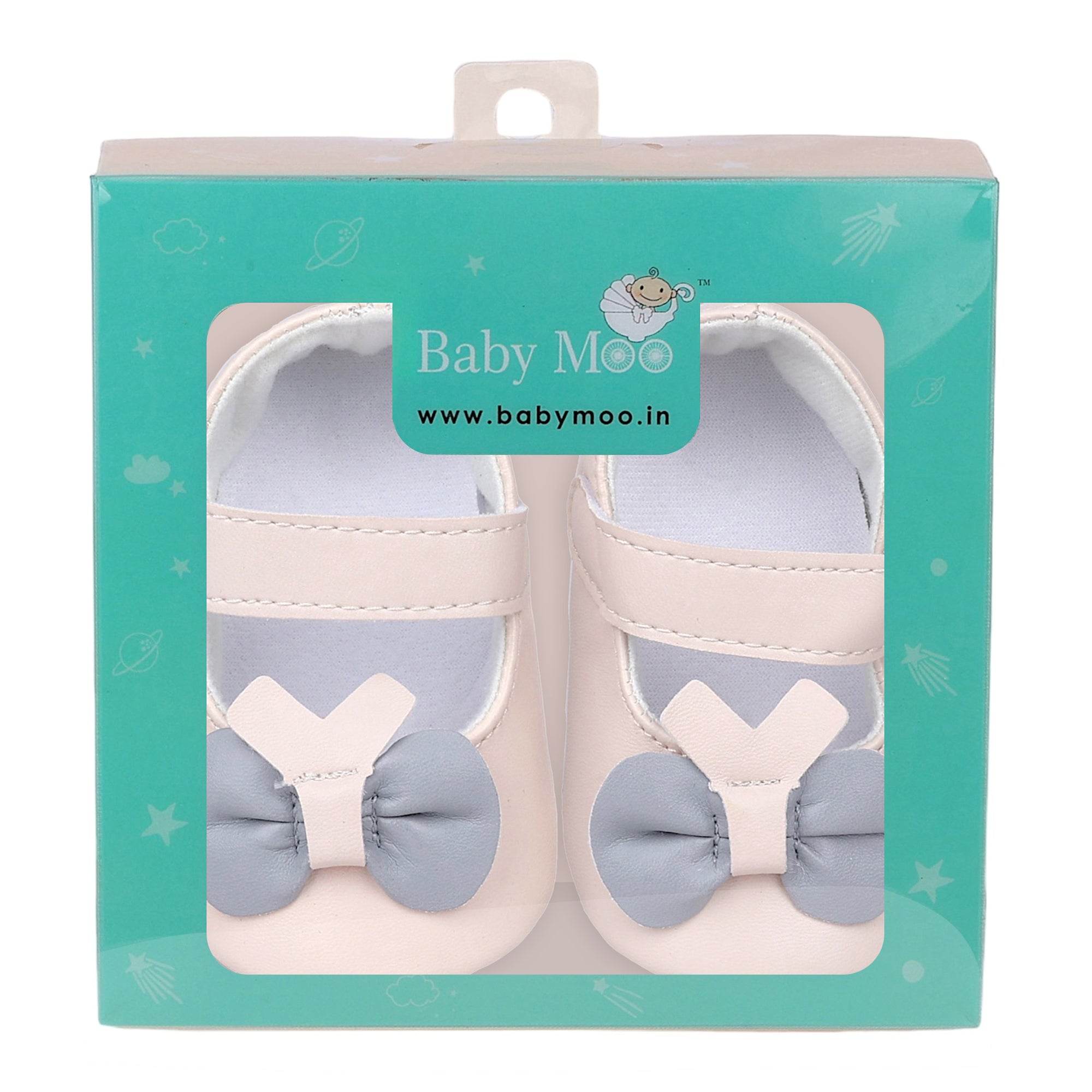 Baby Moo Vegan Leather Bow Velcro Strap Anti-Skid Ballerina Booties - Cream