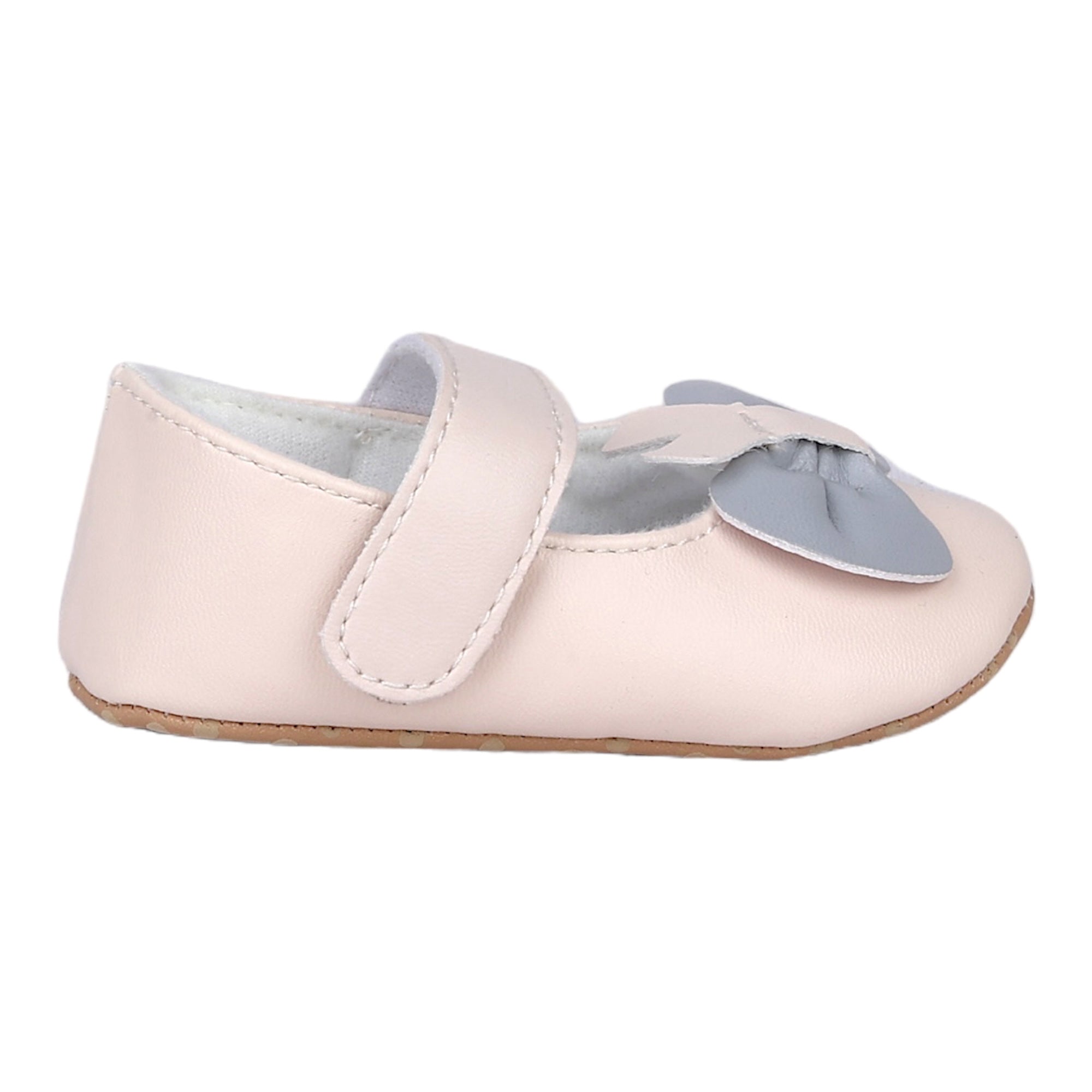 Baby Moo Vegan Leather Bow Velcro Strap Anti-Skid Ballerina Booties - Cream