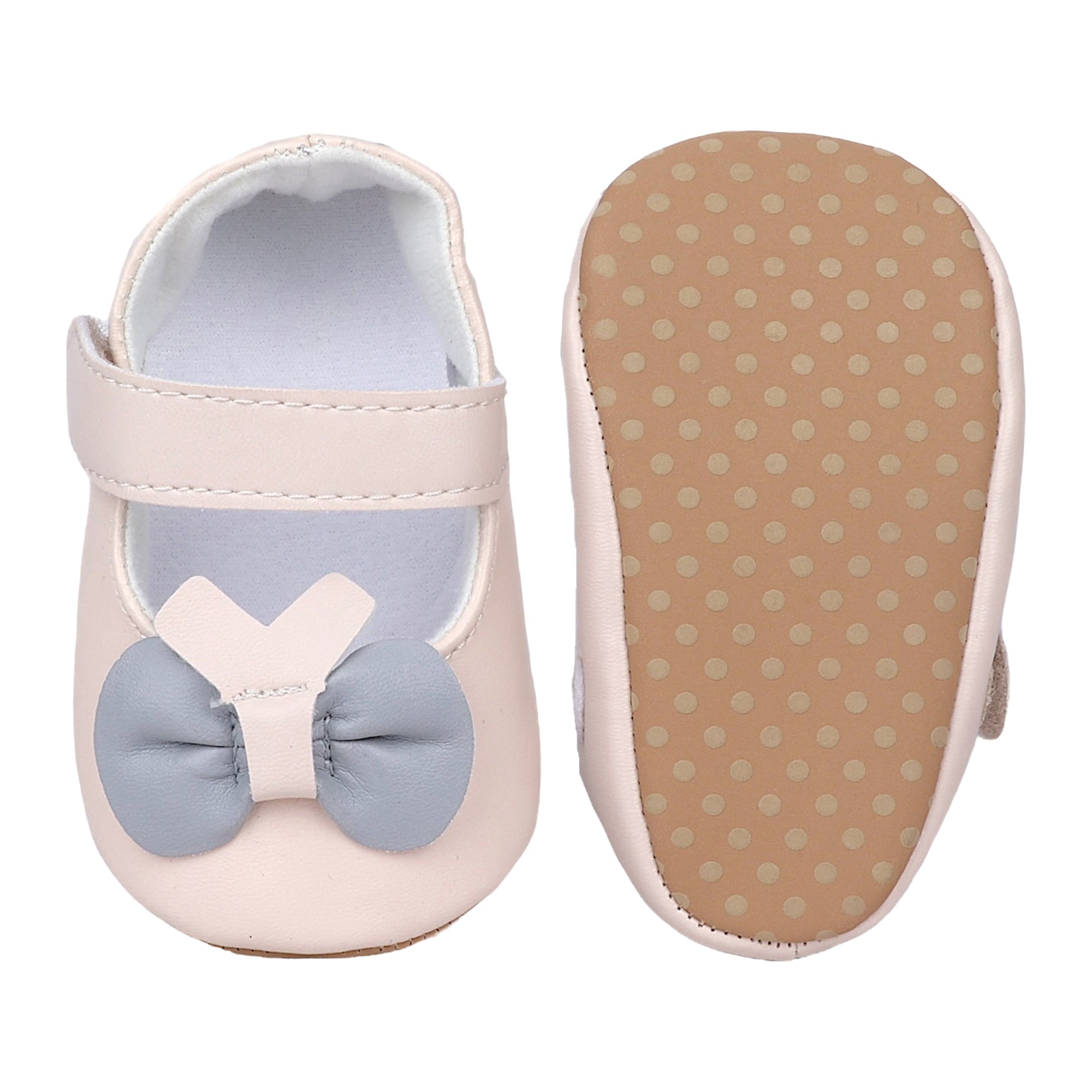 Baby Moo Vegan Leather Bow Velcro Strap Anti-Skid Ballerina Booties - Cream