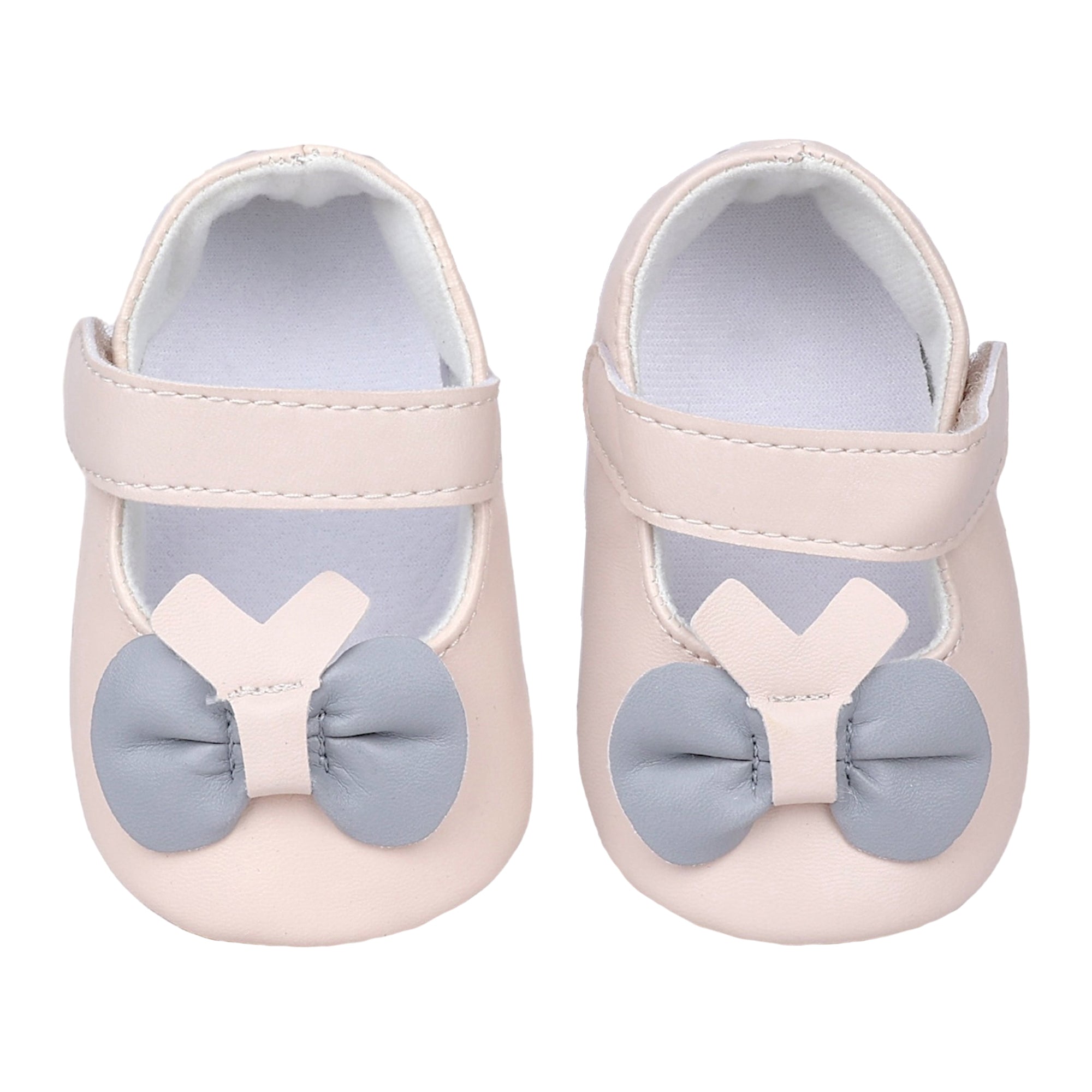 Baby Moo Vegan Leather Bow Velcro Strap Anti-Skid Ballerina Booties - Cream