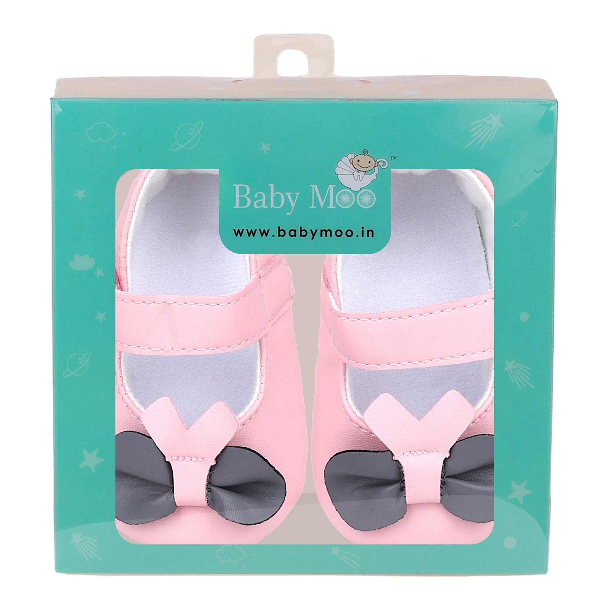 Baby Moo Vegan Leather Bow Velcro Strap Anti-Skid Ballerina Booties - Pink