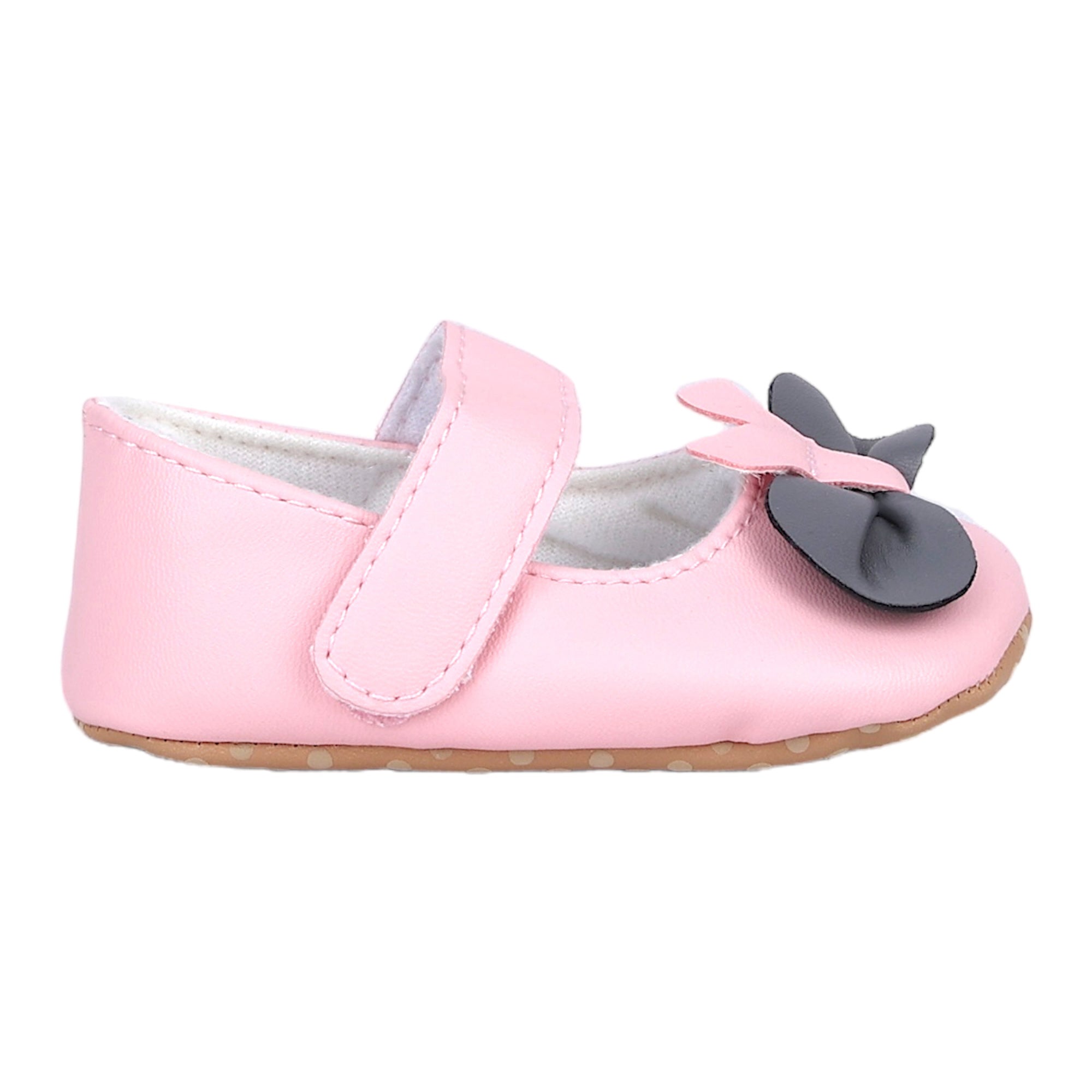 Baby Moo Vegan Leather Bow Velcro Strap Anti-Skid Ballerina Booties - Pink