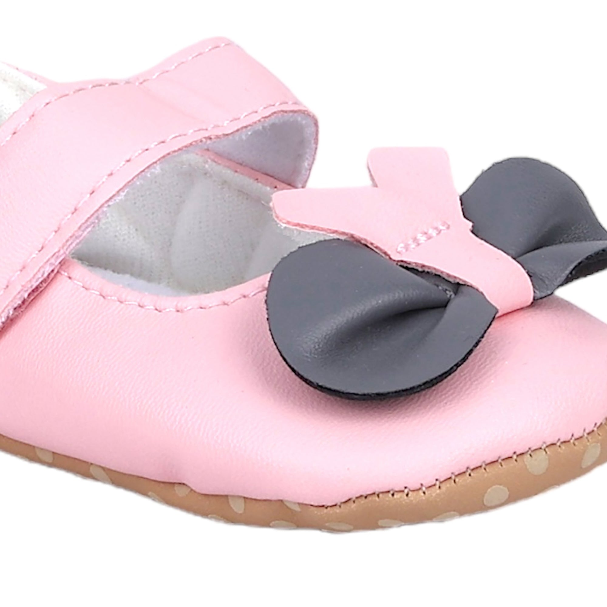 Baby Moo Vegan Leather Bow Velcro Strap Anti-Skid Ballerina Booties - Pink