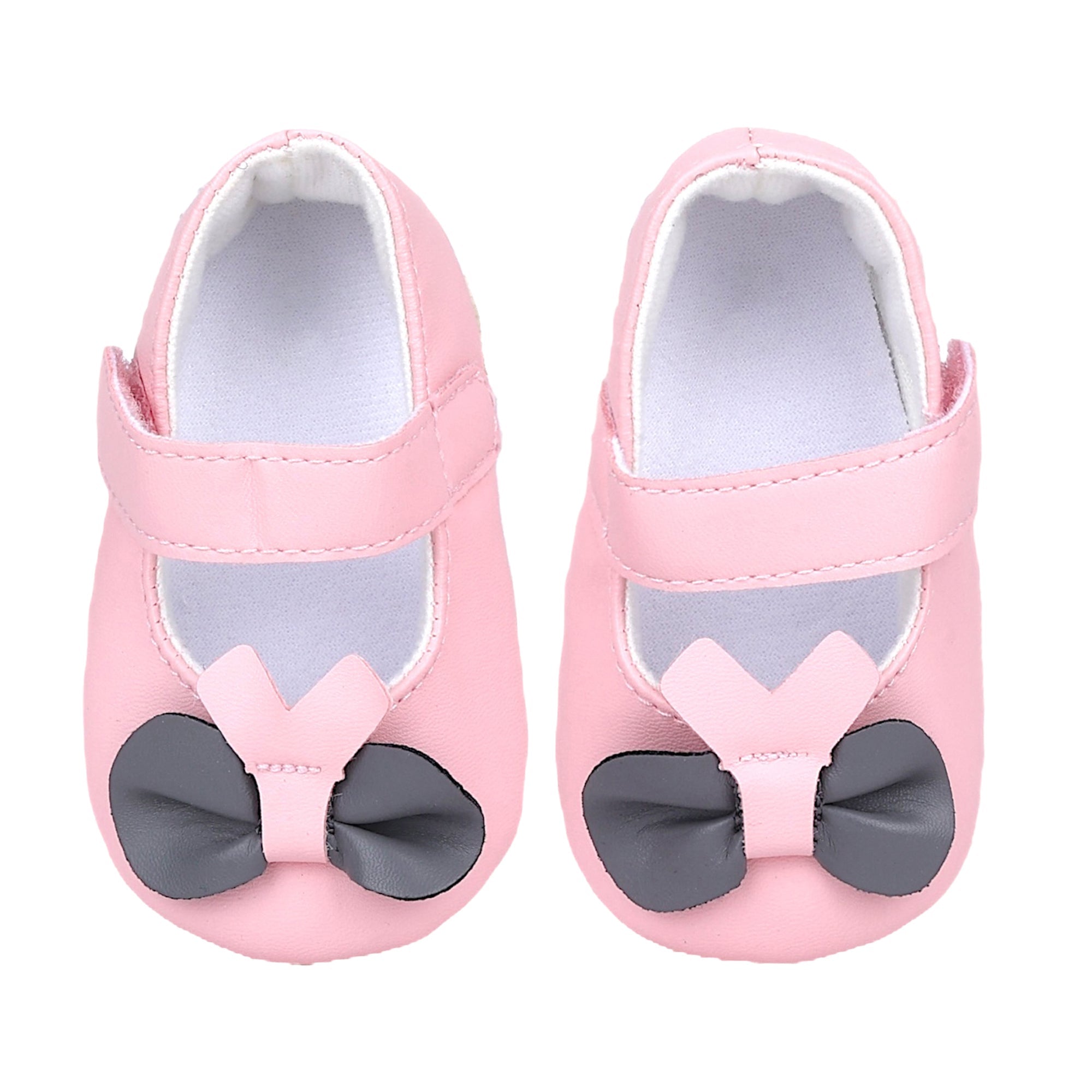 Baby Moo Vegan Leather Bow Velcro Strap Anti-Skid Ballerina Booties - Pink