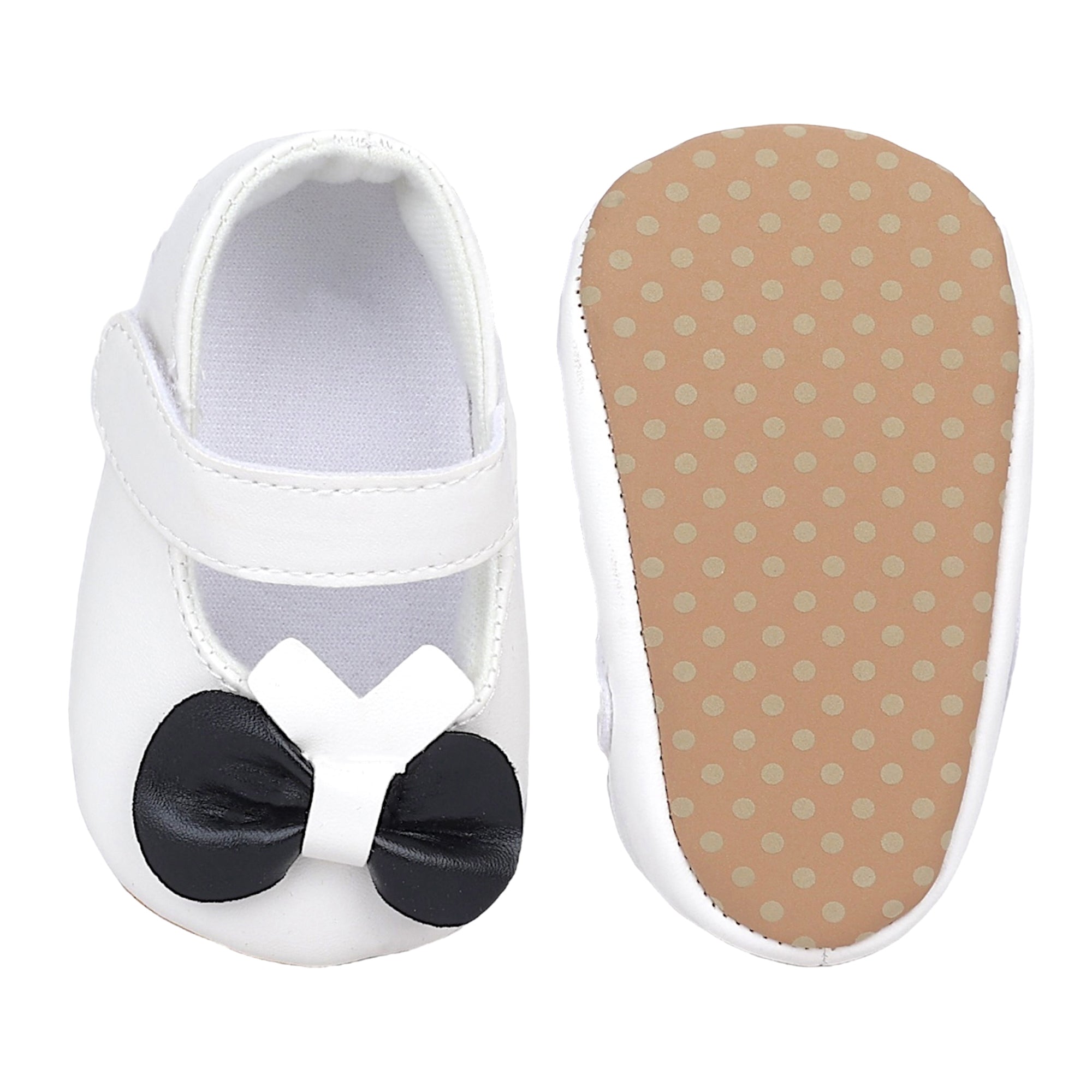 Baby Moo Vegan Leather Bow Velcro Strap Anti-Skid Ballerina Booties - White