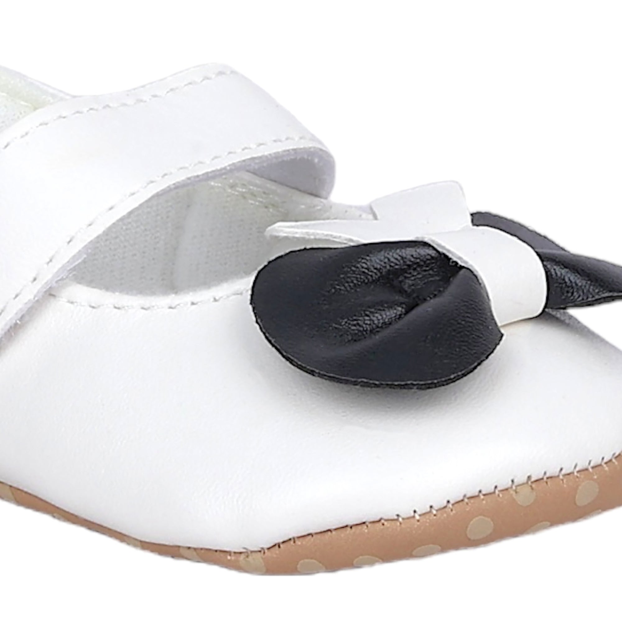 Baby Moo Vegan Leather Bow Velcro Strap Anti-Skid Ballerina Booties - White