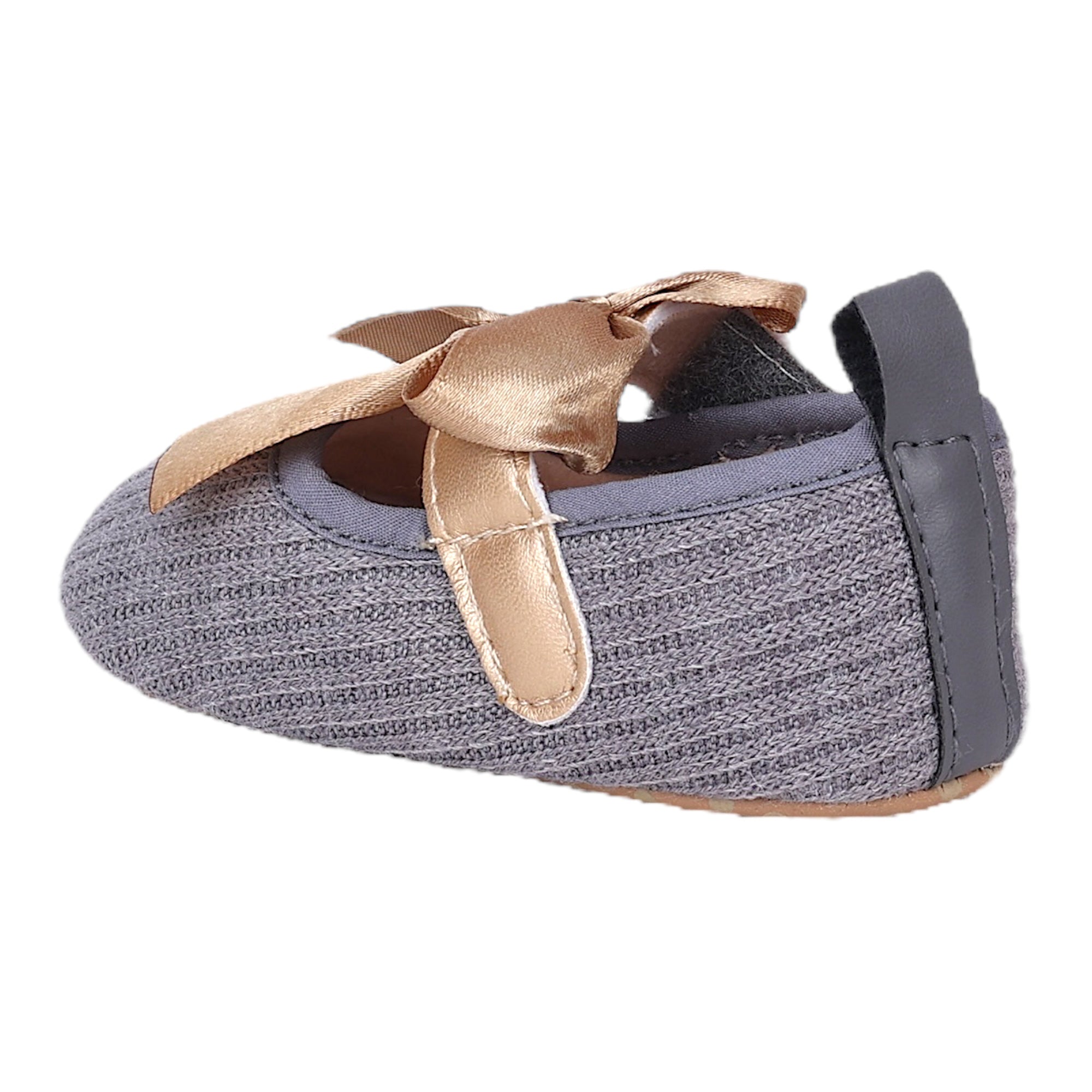 Baby Moo Bow Knot Velcro Strap Ribbed Anti-Skid Ballerina Booties - Grey