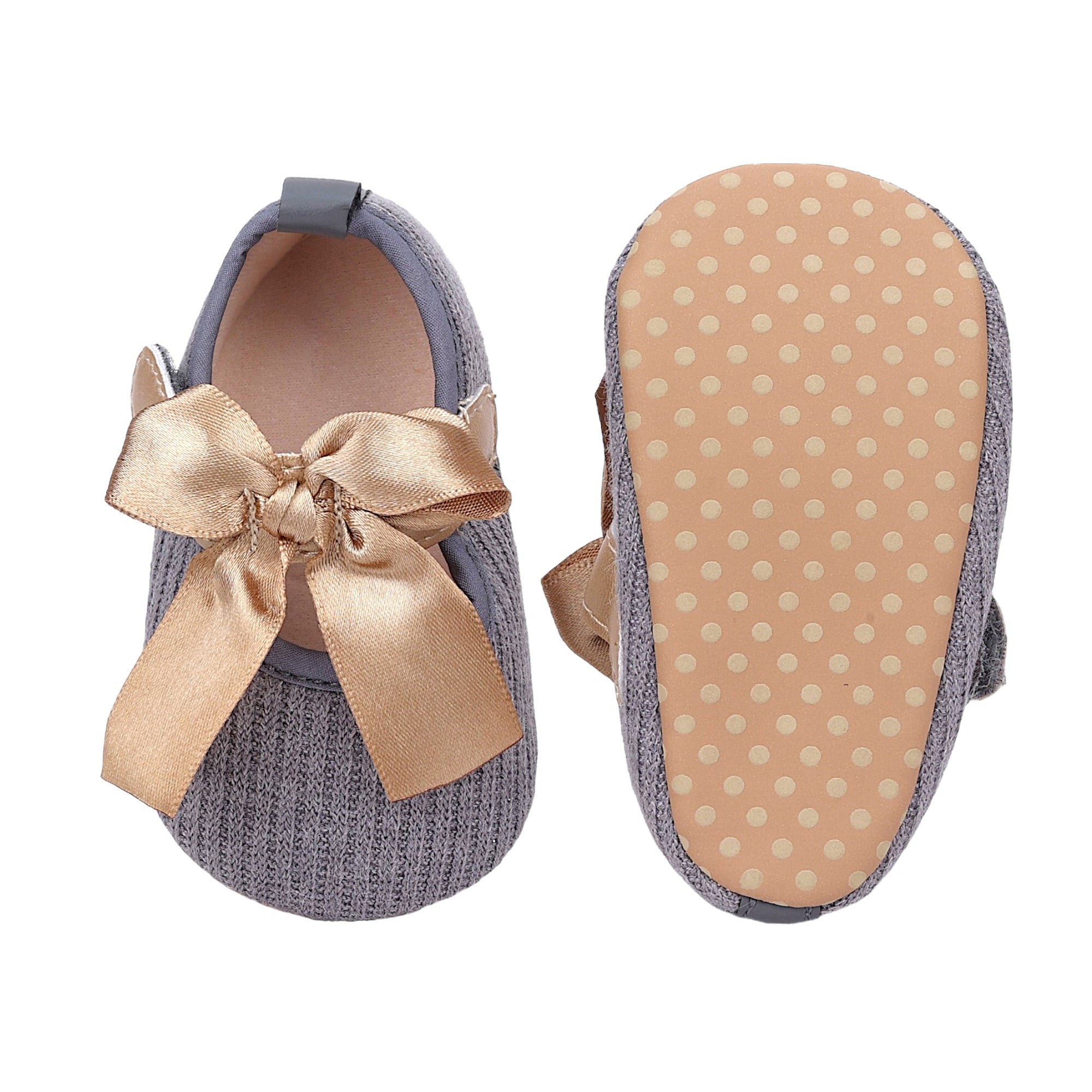 Baby Moo Bow Knot Velcro Strap Ribbed Anti-Skid Ballerina Booties - Grey