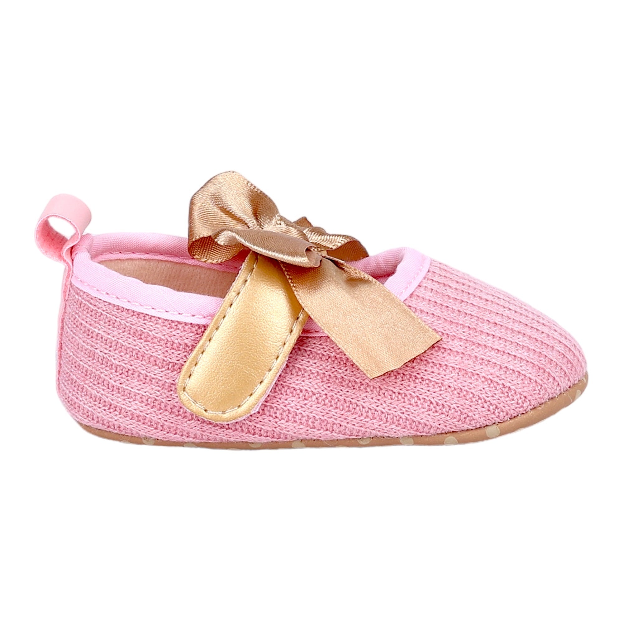 Baby Moo Bow Knot Velcro Strap Ribbed Anti-Skid Ballerina Booties - Pink