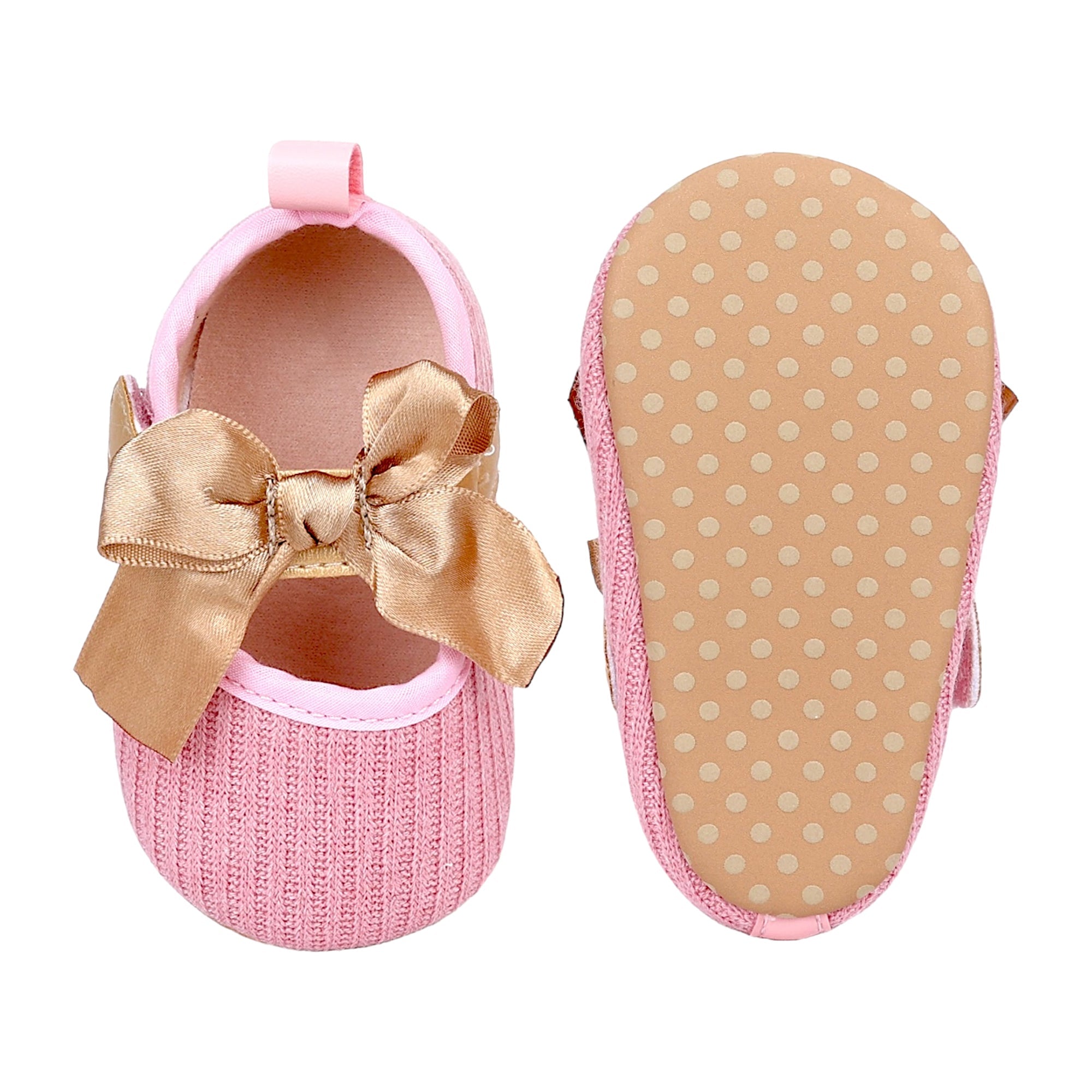 Baby Moo Bow Knot Velcro Strap Ribbed Anti-Skid Ballerina Booties - Pink