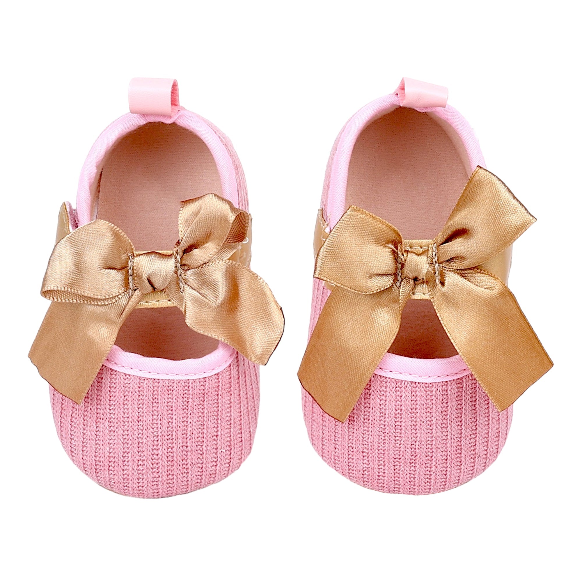 Baby Moo Bow Knot Velcro Strap Ribbed Anti-Skid Ballerina Booties - Pink