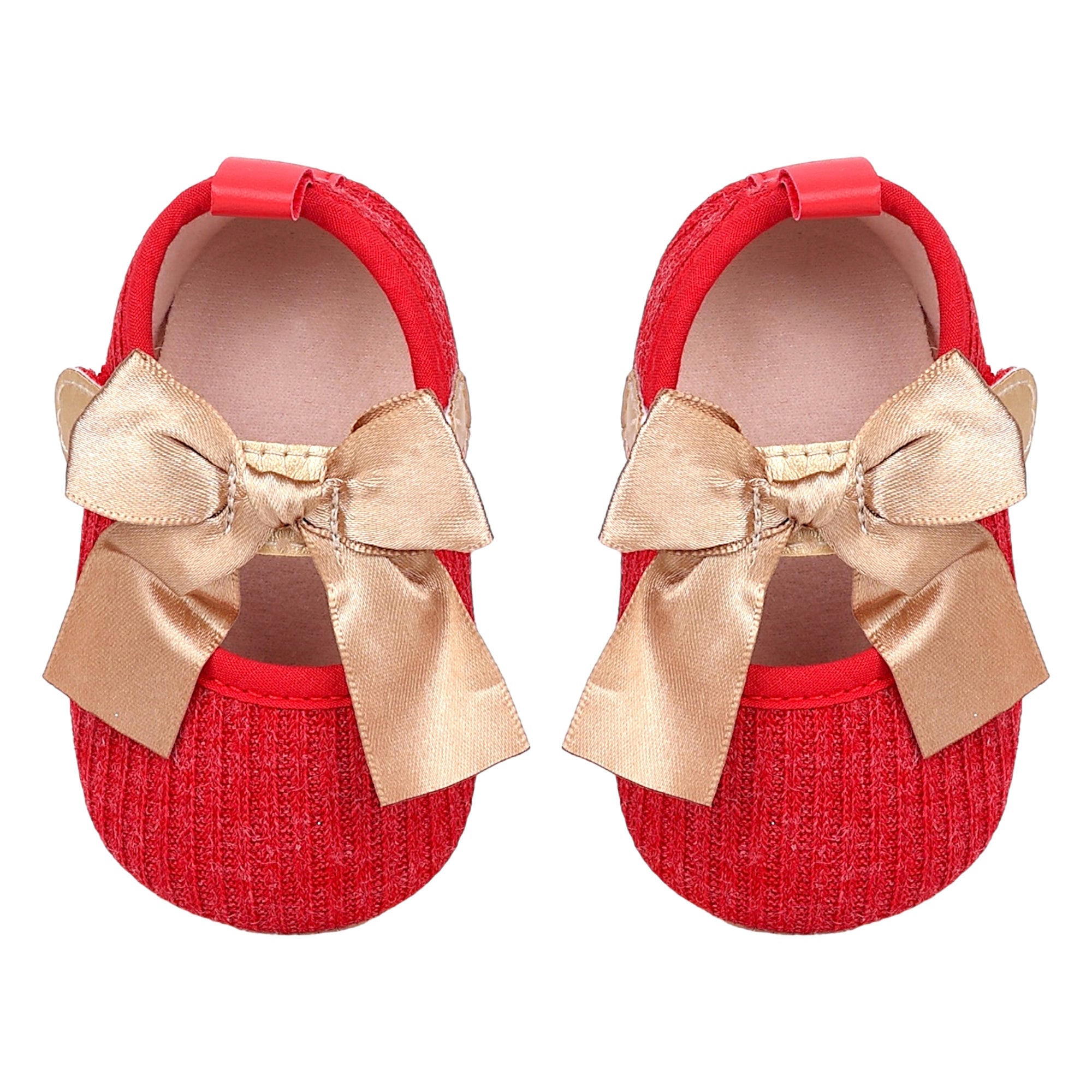 Baby Moo Bow Knot Velcro Strap Ribbed Anti-Skid Ballerina Booties - Red