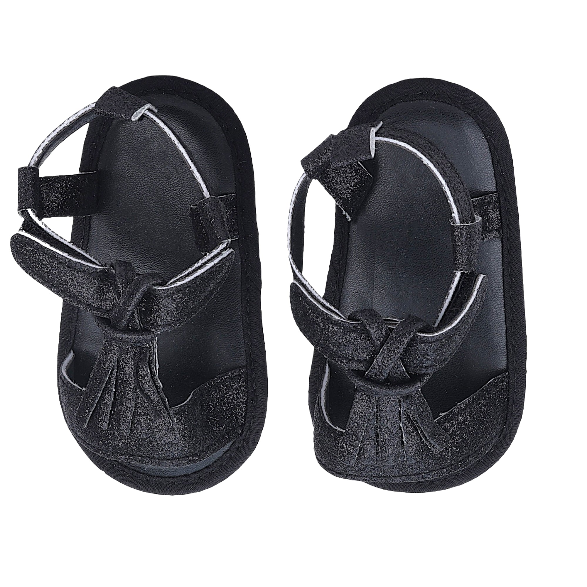 Baby Moo Stylish Tassel All Season Glitter Velcro Straps Anti-Skid Sandals - Black