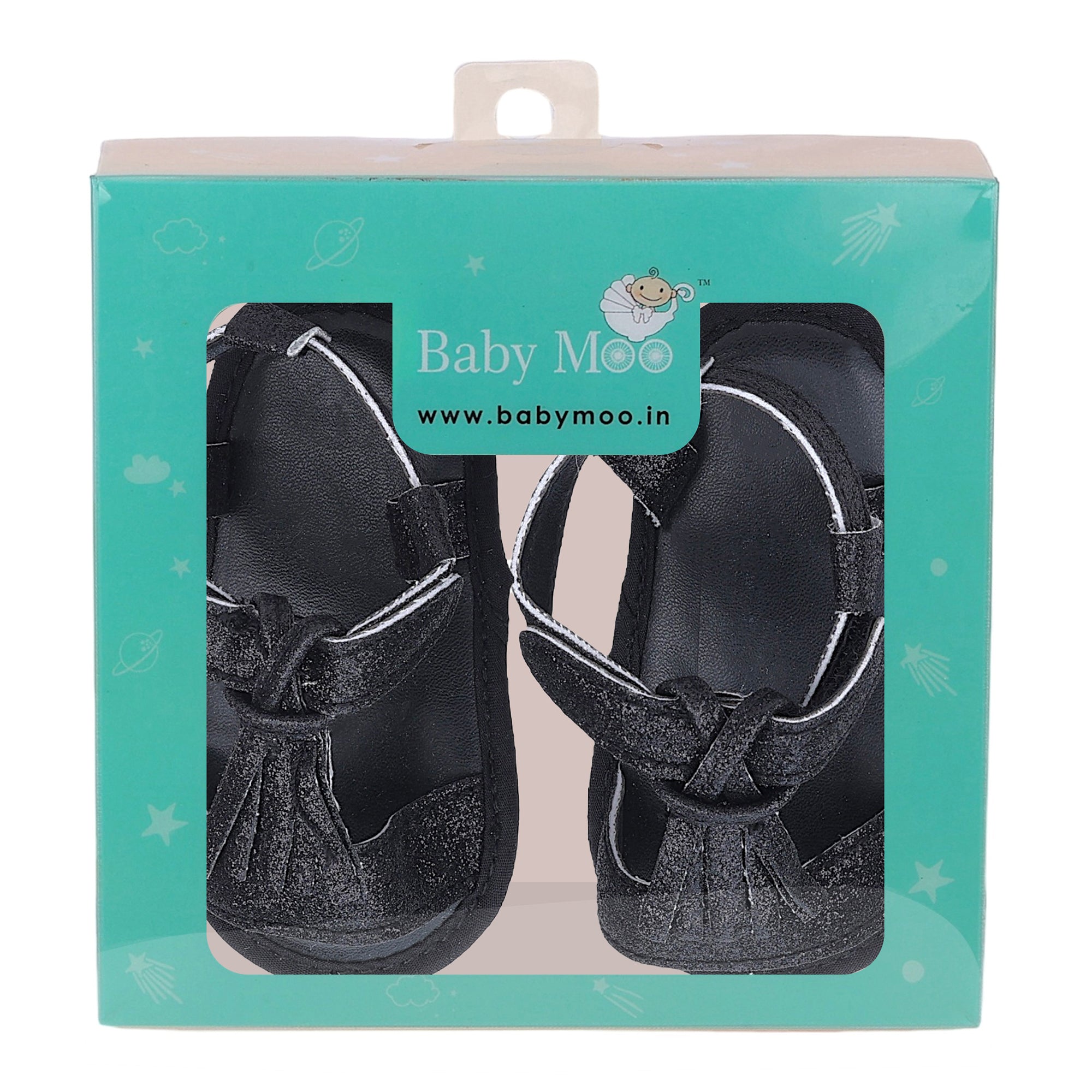 Baby Moo Stylish Tassel All Season Glitter Velcro Straps Anti-Skid Sandals - Black