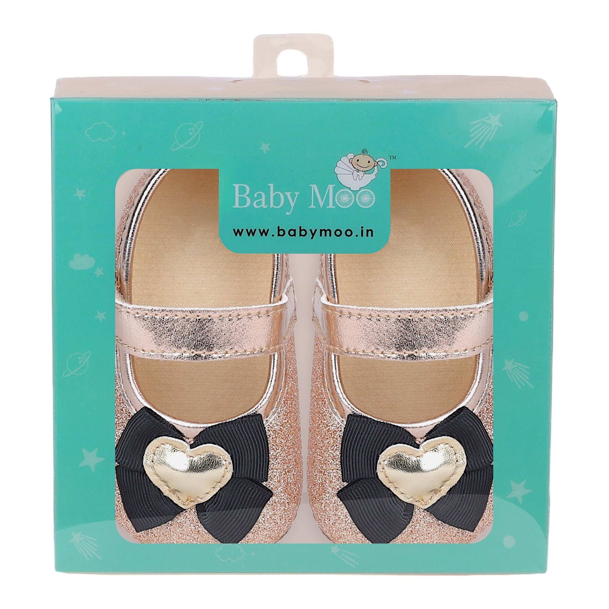 Baby Moo Golden Heart On Bow Glittery Anti-Skid Ballerina Booties - Gold